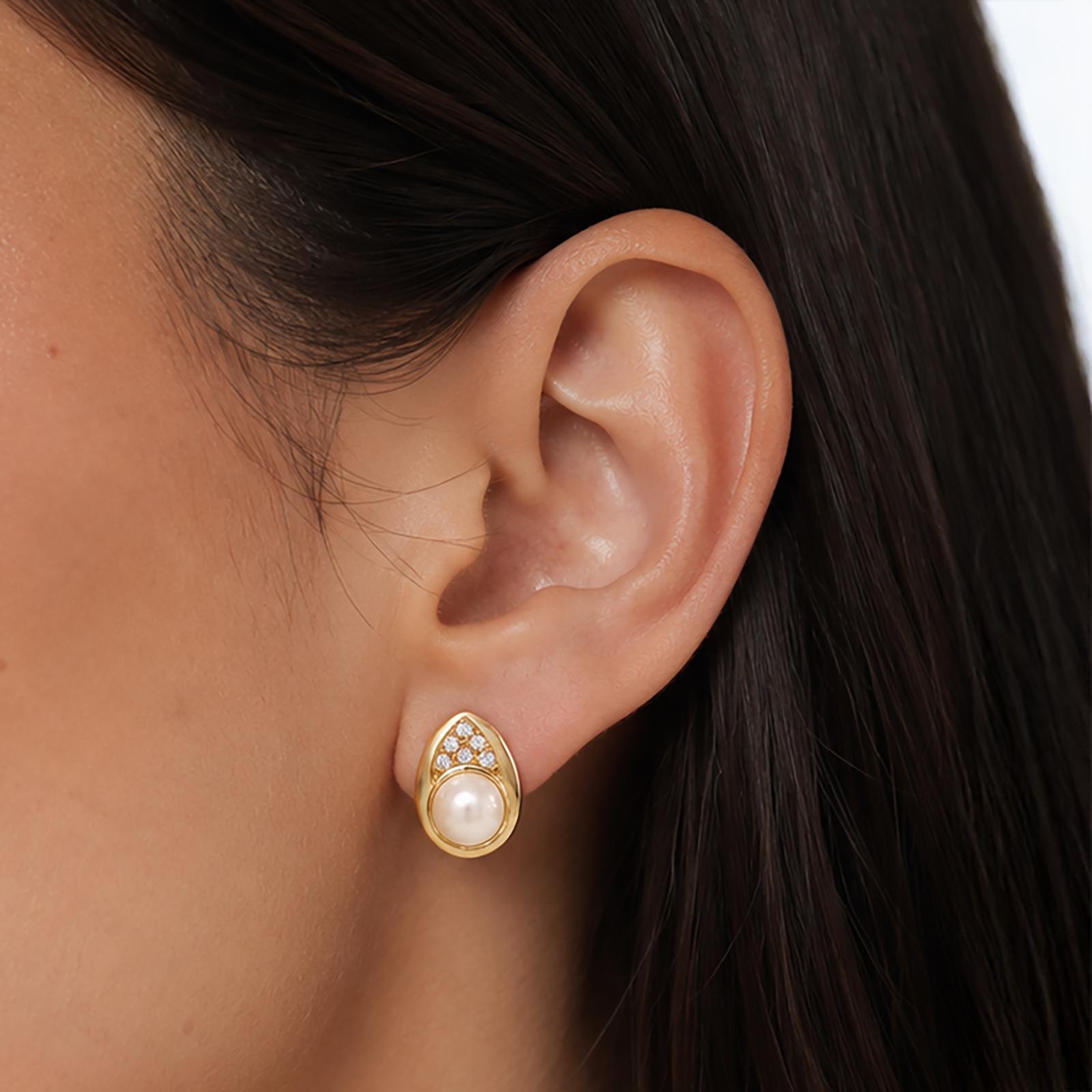 Yellow Gold Akoya Cultured Pearl Diamond Stud Earrings 7.6mm Estate Omega Style