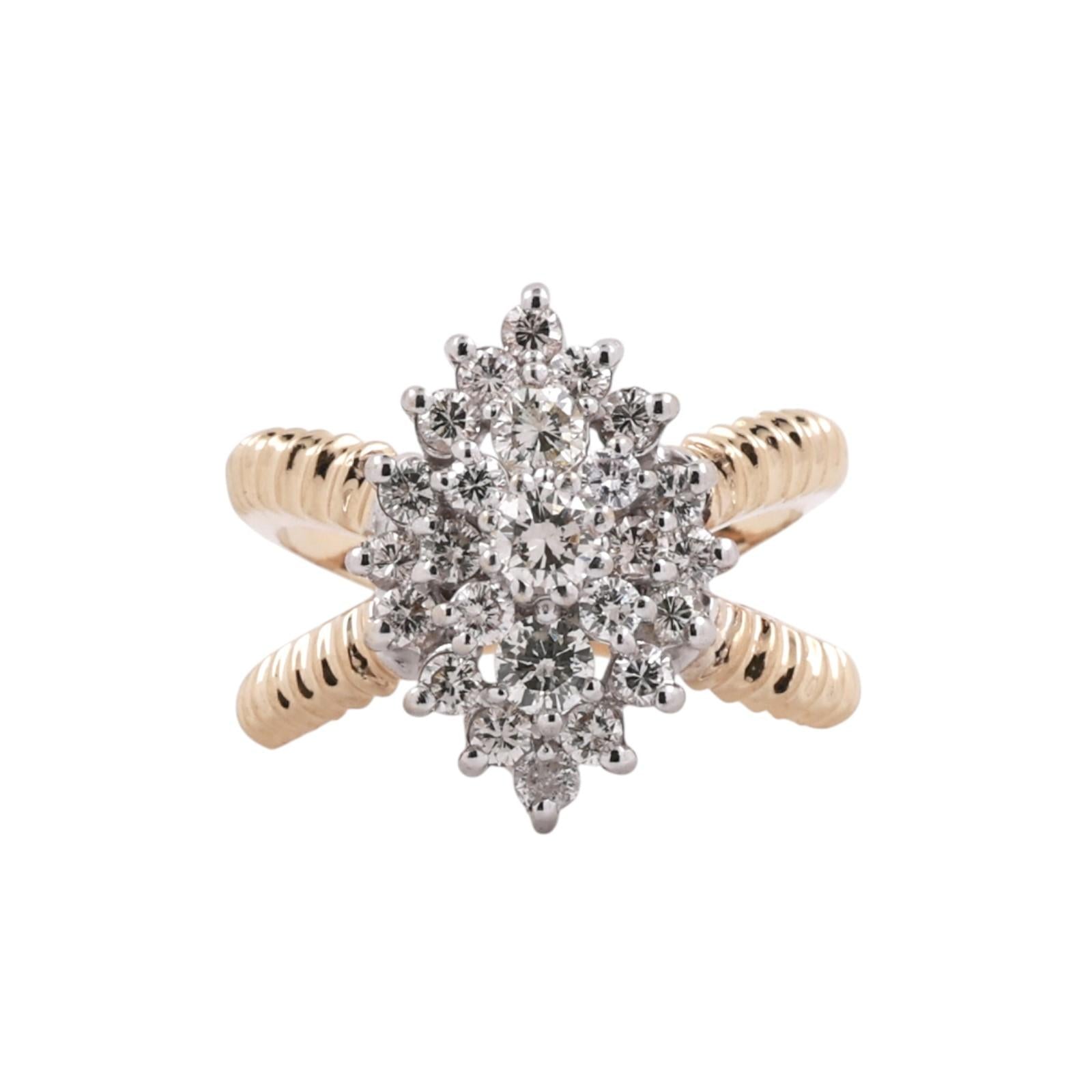 1.00CTW Diamond Cluster Ring 14K Two Tone Gold Floral Estate Ring Size 5.5