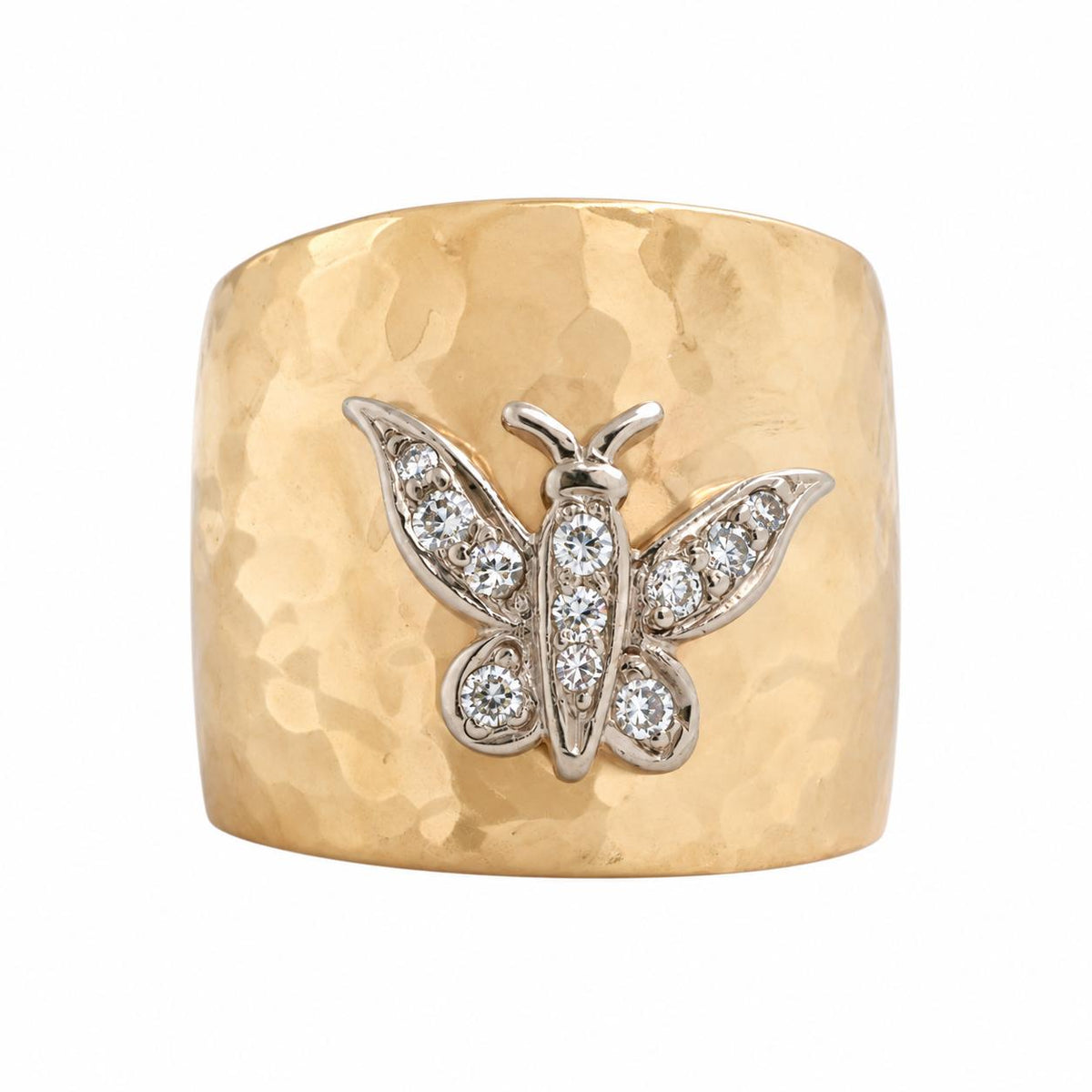 Natural Diamond Butterfly Wide Band Ring Two Tone Hammered Gold 0.20 CTW Size 6