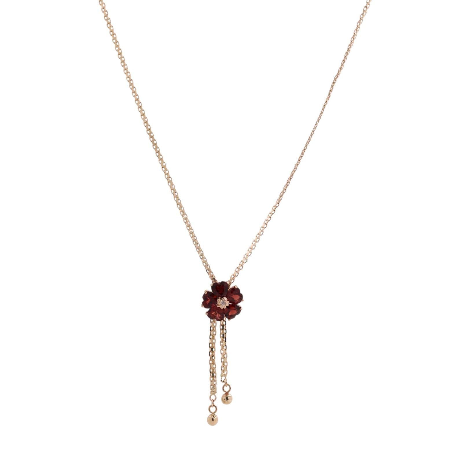 Yellow Gold Garnet Diamond Flower Necklace 4.75CTW Heart Garnets Estate 16.5in