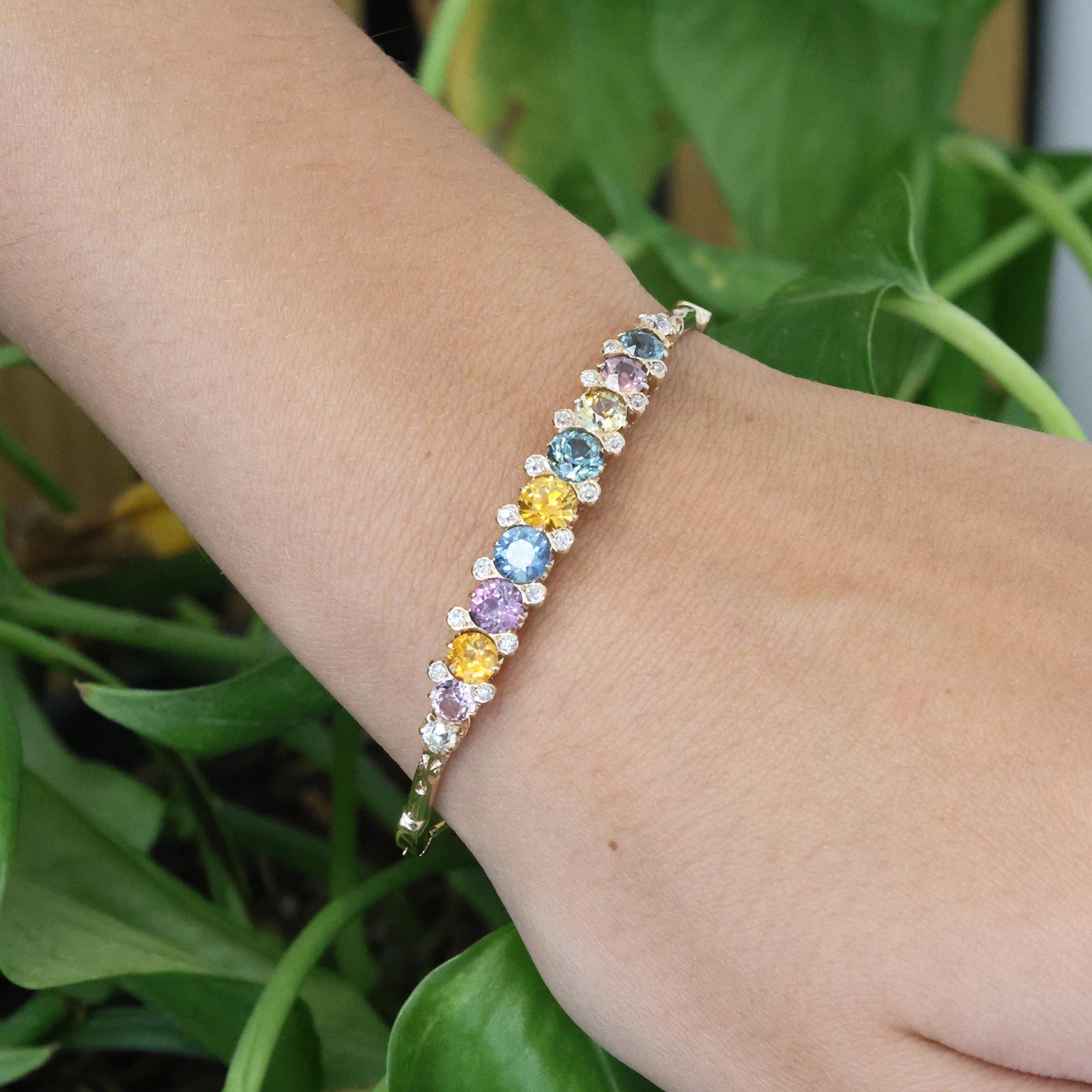 Yellow Gold Multicolored Sapphire Diamond Bangle Bracelet 4.25CTW Estate 6"