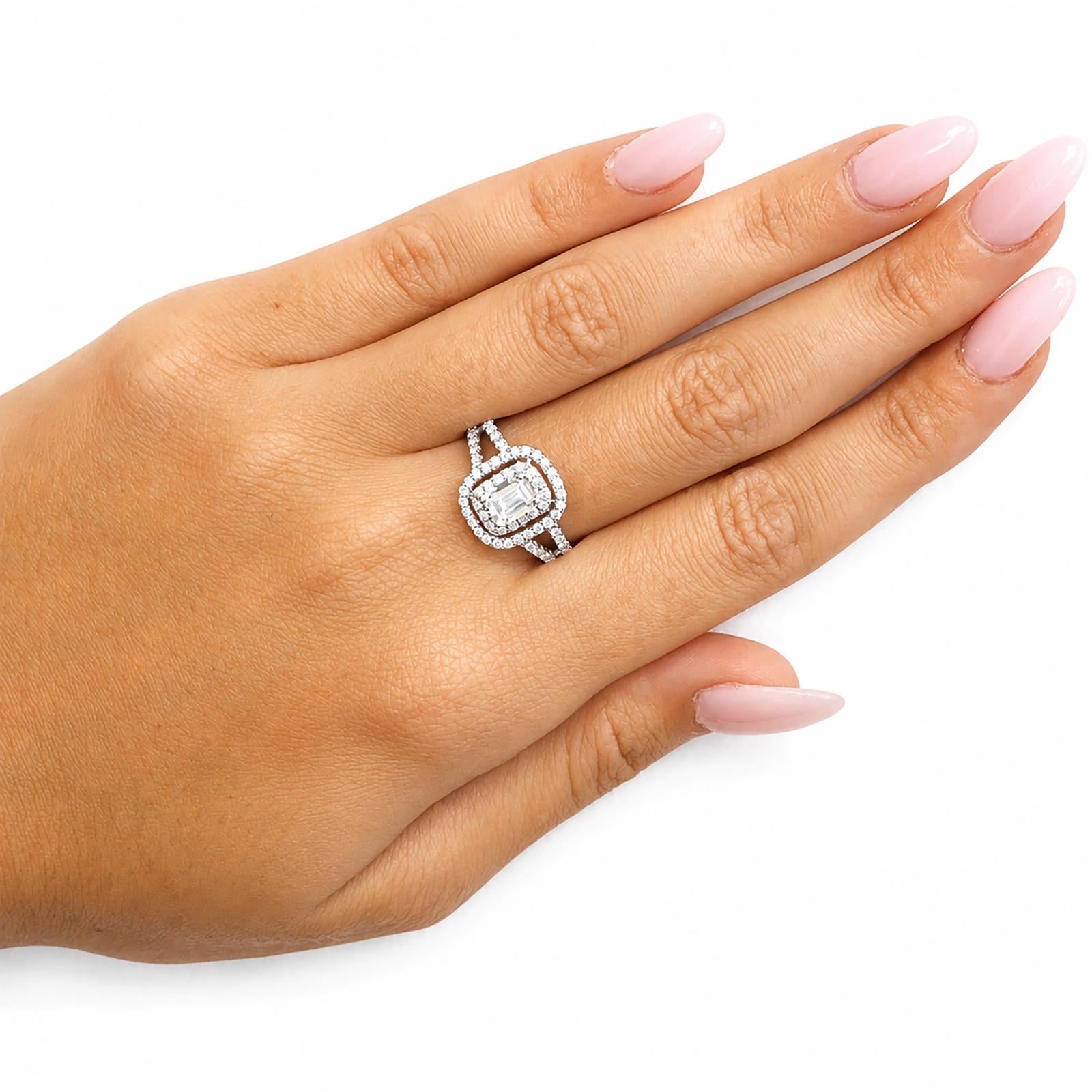 Platinum 1.40 CTW Natural Diamond Emerald Cut Double Halo Engagement Ring Size 7