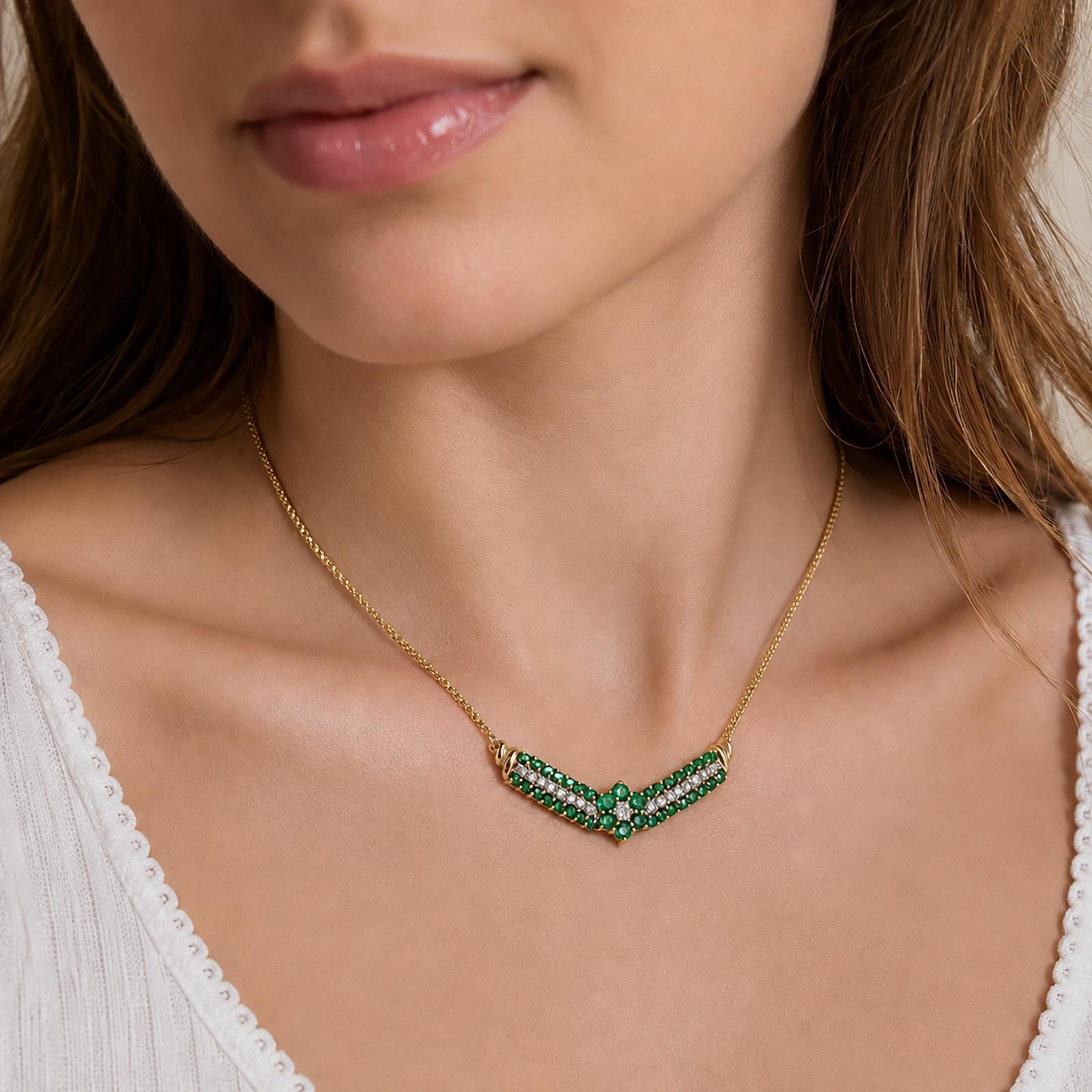 14K Gold Natural Emerald Diamond Chevron Necklace 17.5" Italy Estate 2.15CTW