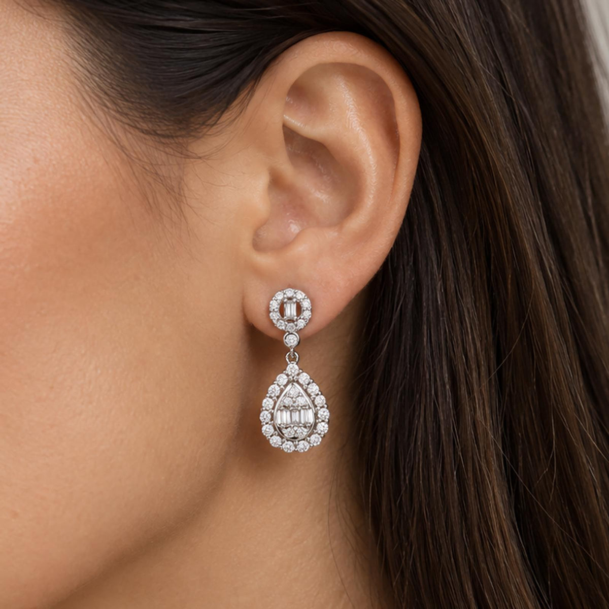 Natural Diamond Teardrop Dangle Earrings 10K White Gold 1.35 CTW Round Baguette