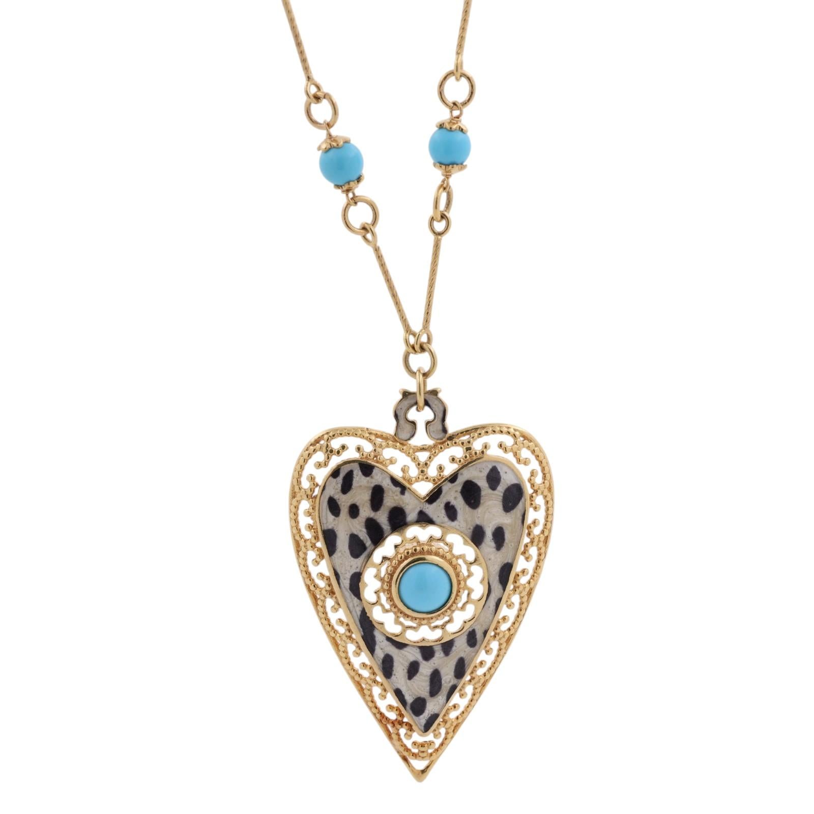 Italian 14K Gold Leopard Print Enamel Heart Pendant Necklace Turquoise Bead 16"