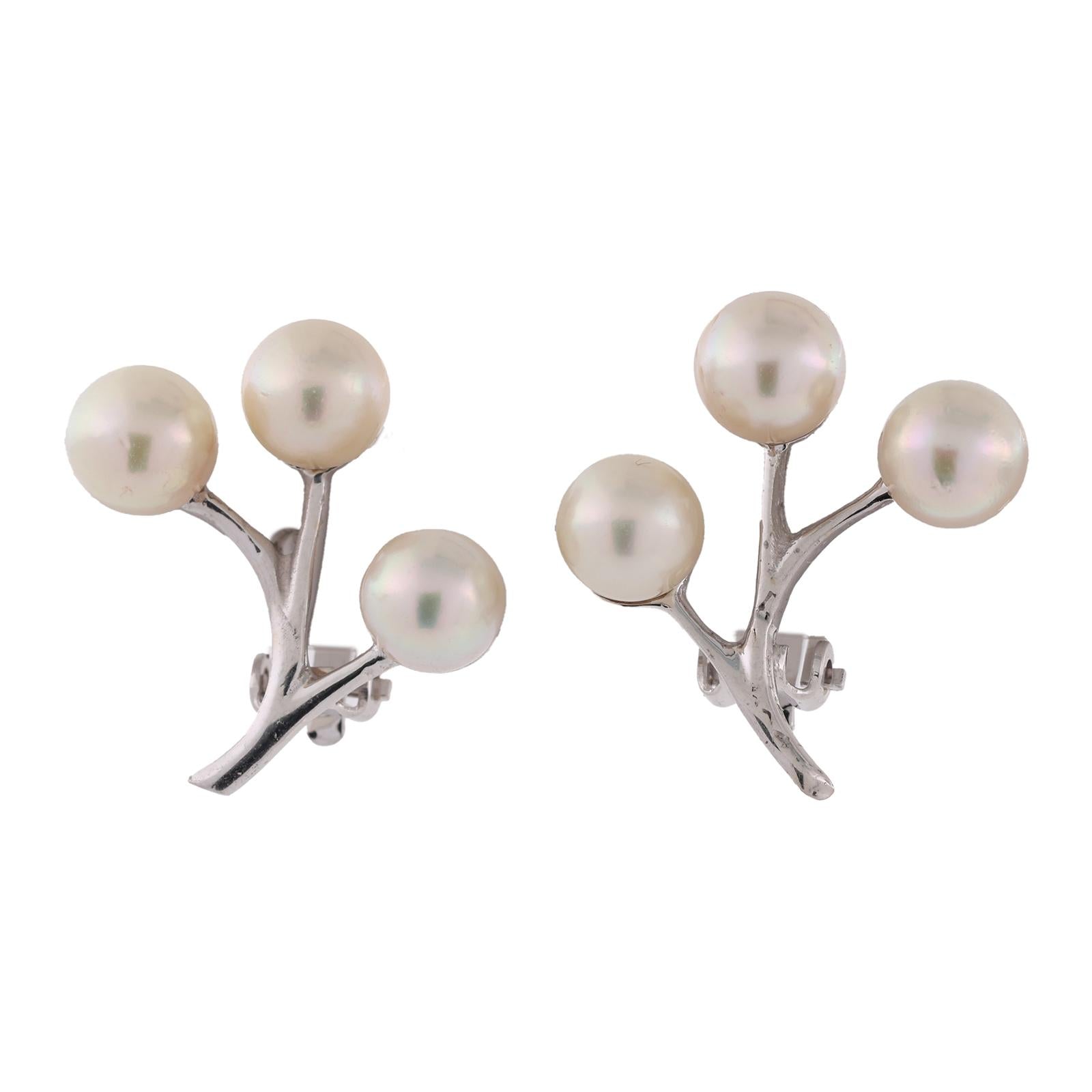 Vintage Akoya Cultured Pearl Spray Clip On Earrings 14K White Gold Omega Backs