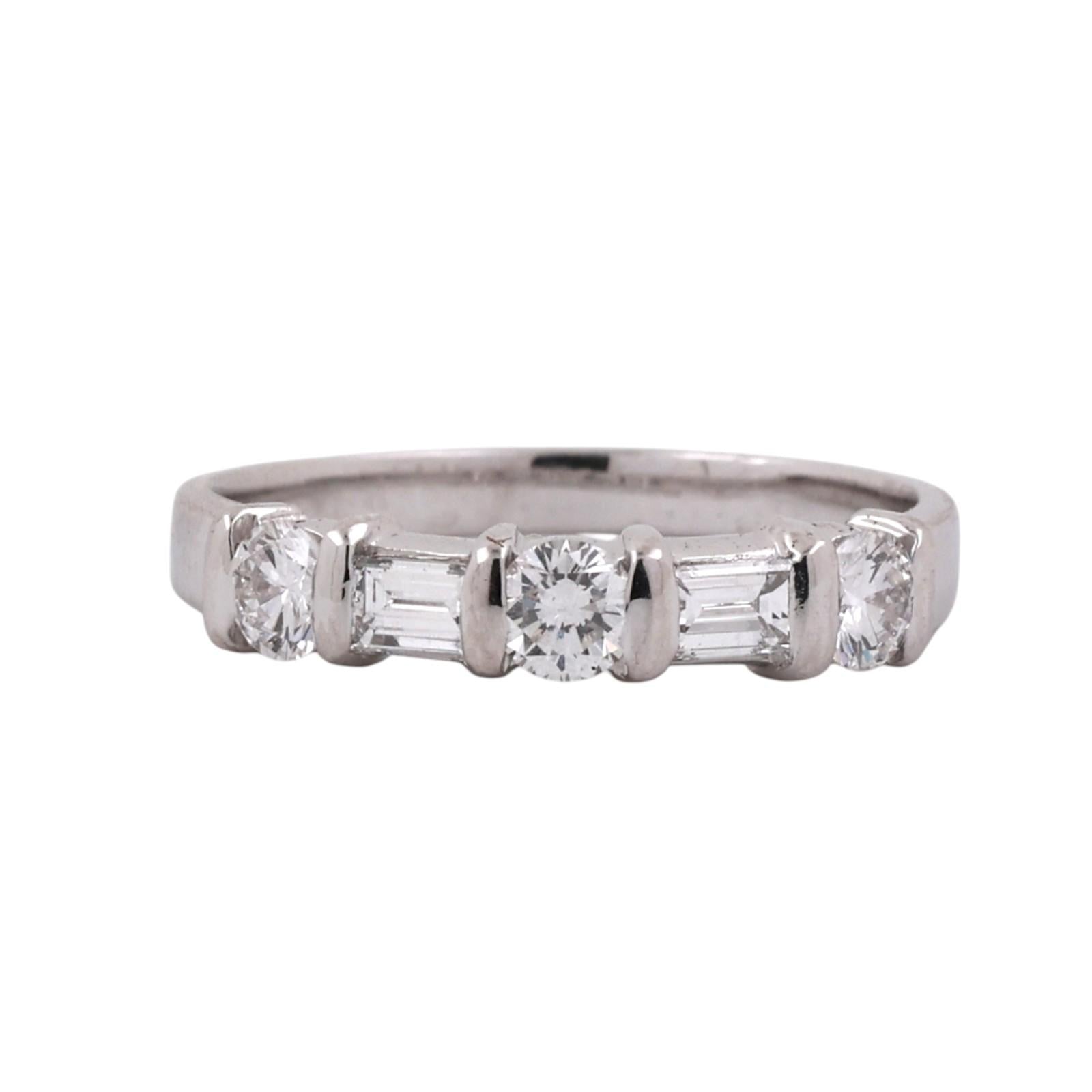 Platinum 0.70CTW Round & Baguette Diamond 5 Stone Band Ring Size 7