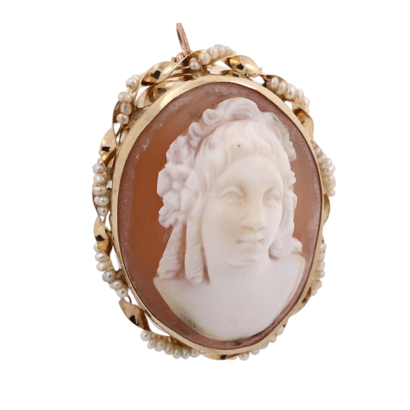 Antique Shell Cameo Seed Pearl Brooch Pendant Yellow Gold Victorian Estate