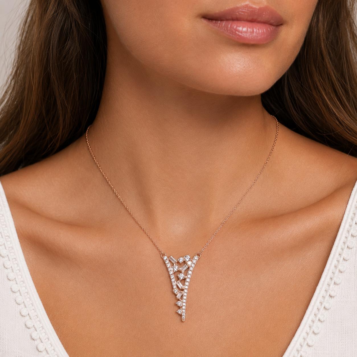 10K Rose Gold 0.40CTW Diamond Open V Pendant Necklace Round Baguette 18.25"