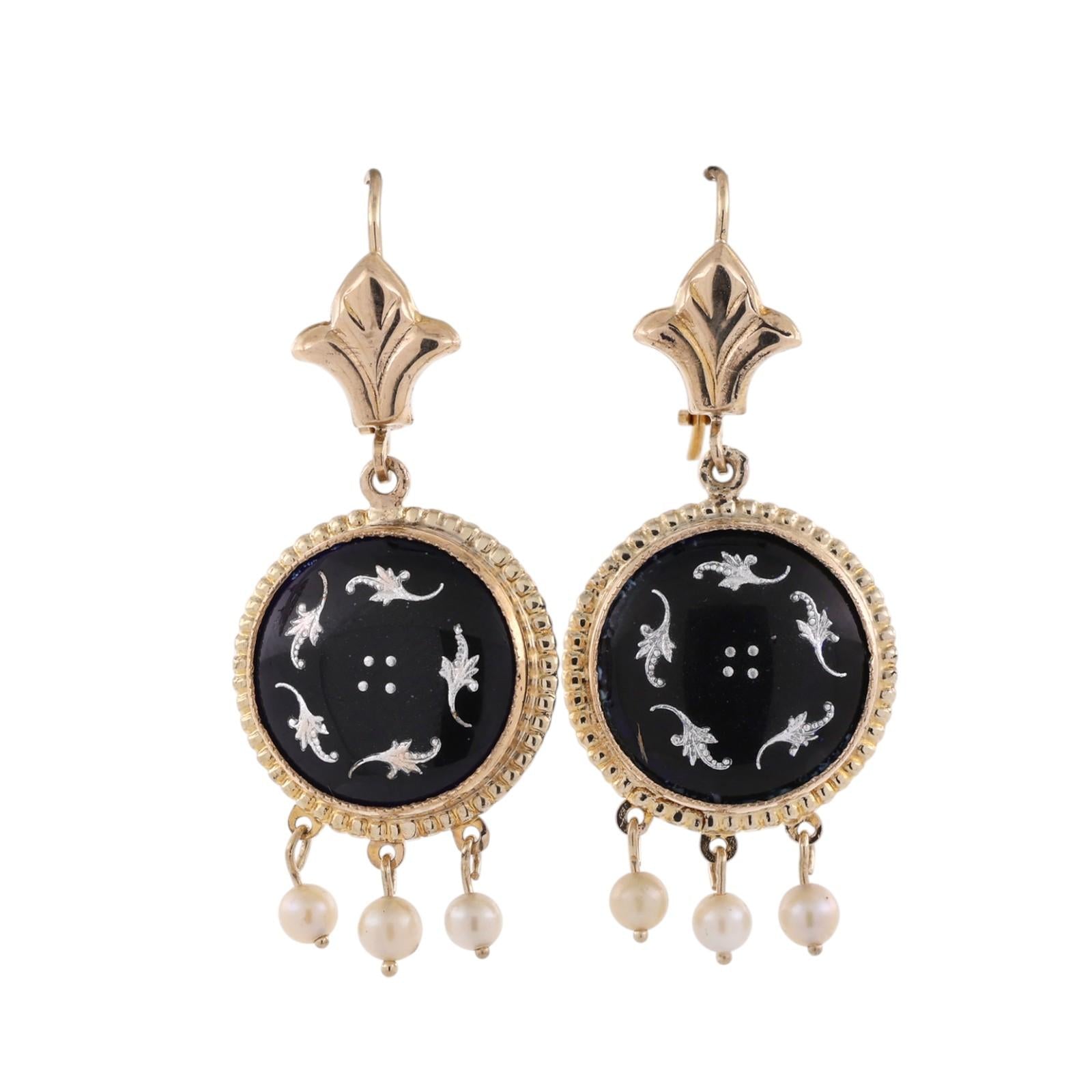 Vintage Black Enamel Akoya Pearl Drop Dangle Earrings Yellow Gold 1.57" Estate