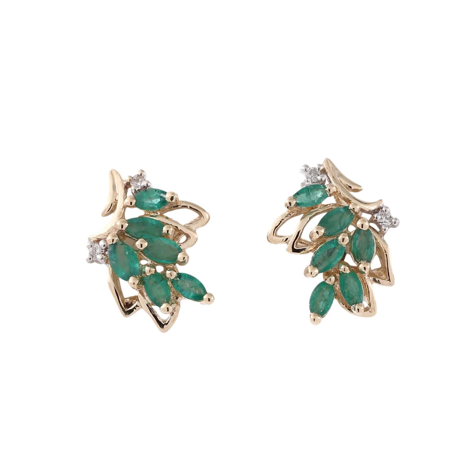 Natural Emerald Diamond Leaf Earrings 14K Two Tone Gold 0.76 CTW