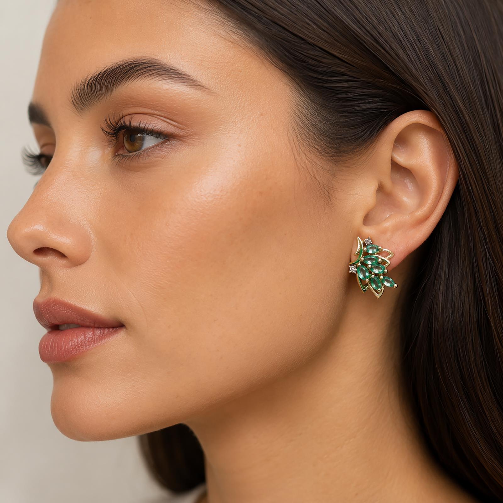 Natural Emerald Diamond Leaf Earrings 14K Two Tone Gold 0.76 CTW