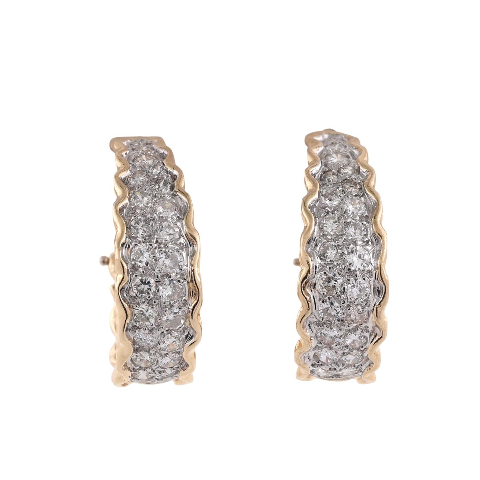 Two Tone Gold 2.15 CTW Natural Diamond Omega Back Hoop Earrings 11.2g