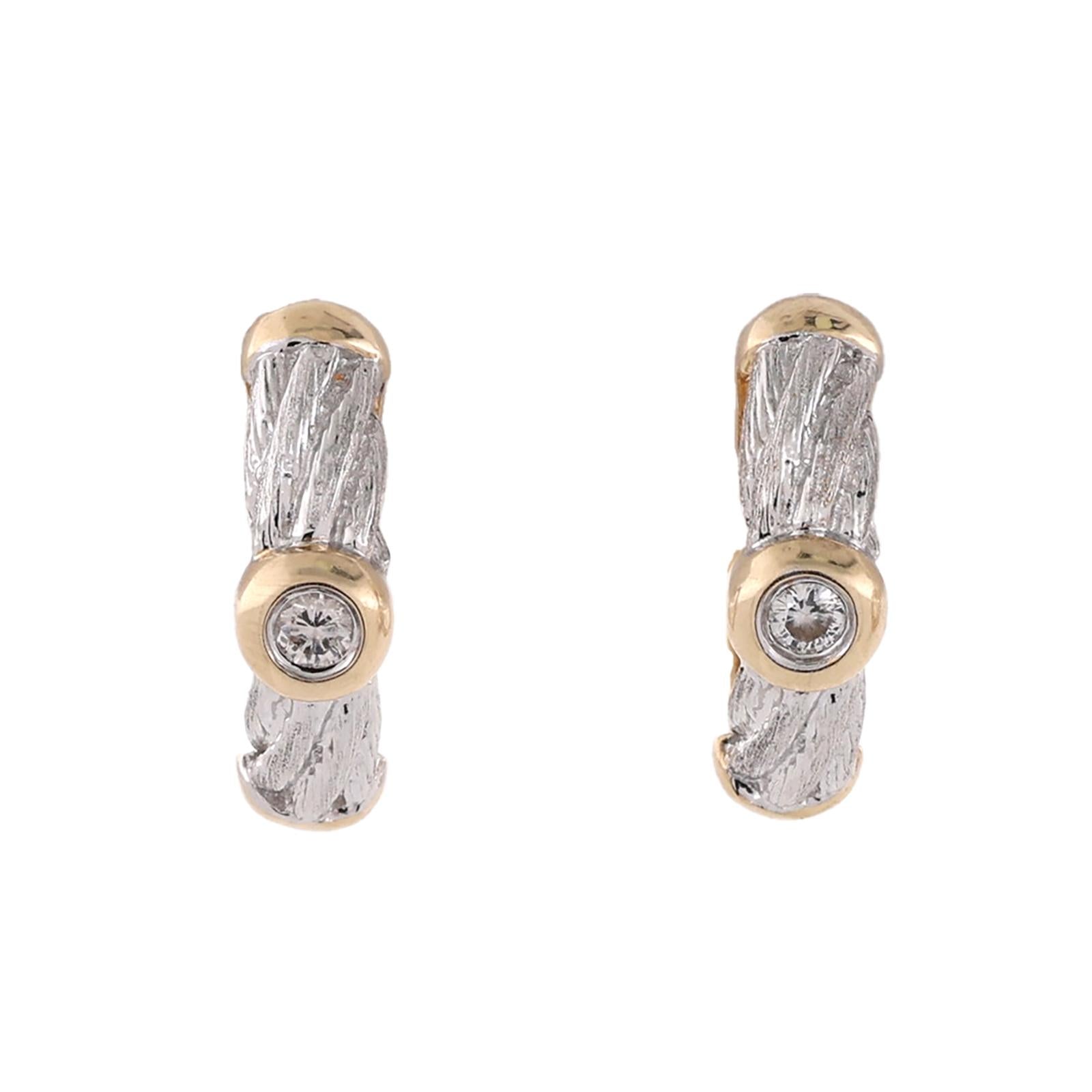 14K Two Tone Gold 0.10 CTW Natural Diamond Textured Huggie Hoop Earrings