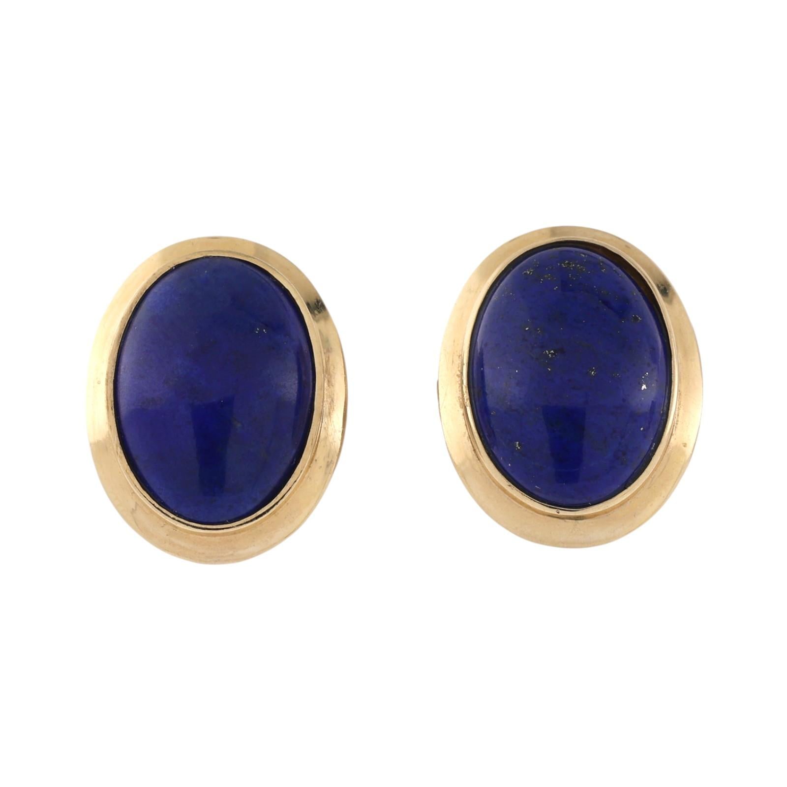 Natural Lapis Lazuli Cabochon Earrings 14K Yellow Gold Clip On Vintage