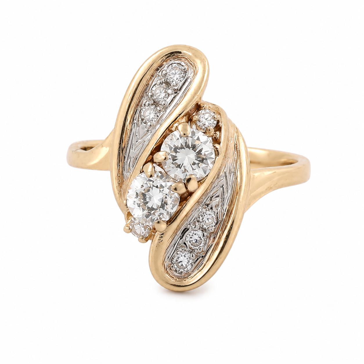 14K Two Tone Gold 0.61CTW Natural Old European Cut Diamond Bypass Ring Size 4.75
