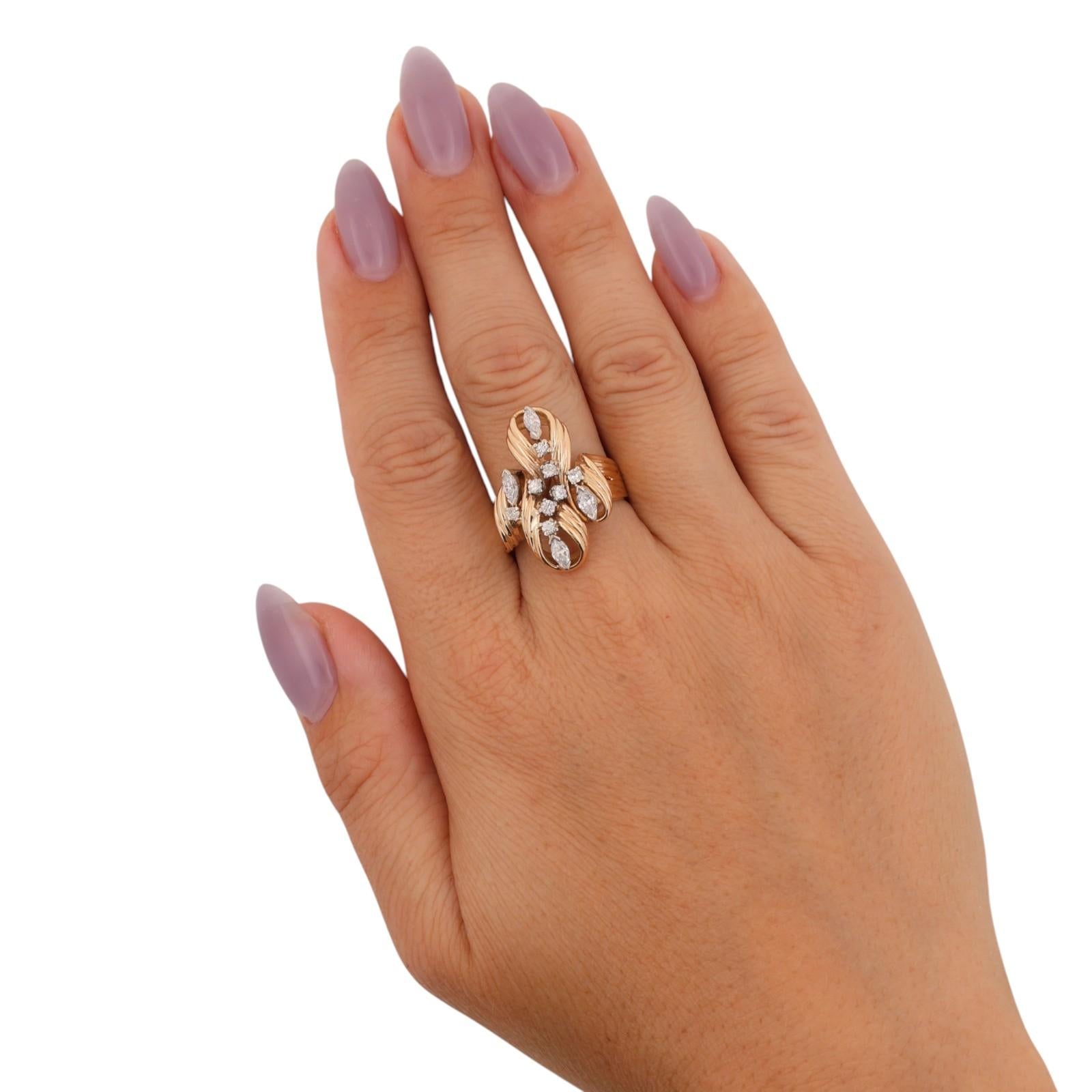 14K Two Tone Gold Natural Diamond Marquise Cocktail Statement Ring Swirl Sz 7.5