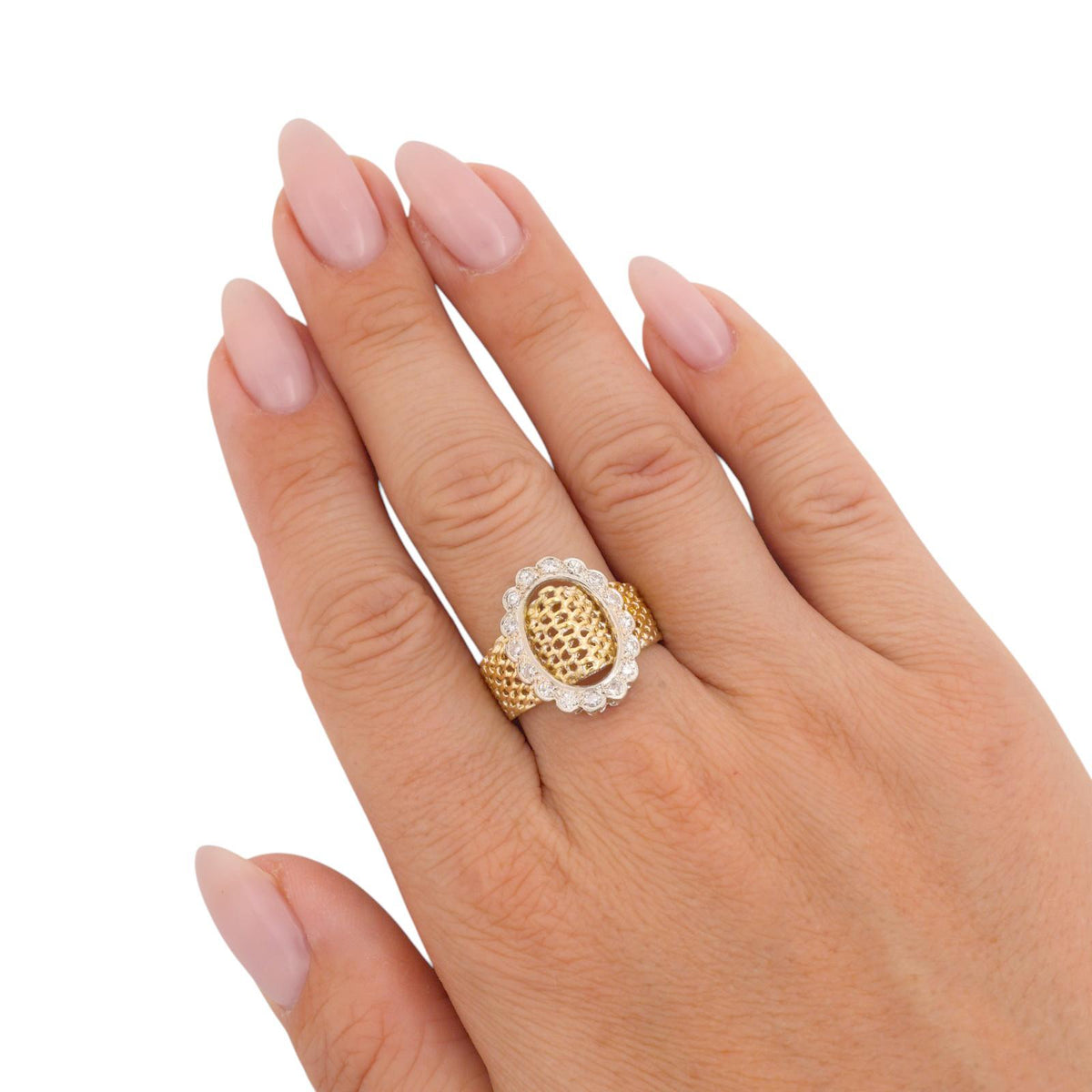 Vintage Two Tone Gold Diamond Basket Weave Cocktail Ring 0.40 CTW Size 8.5