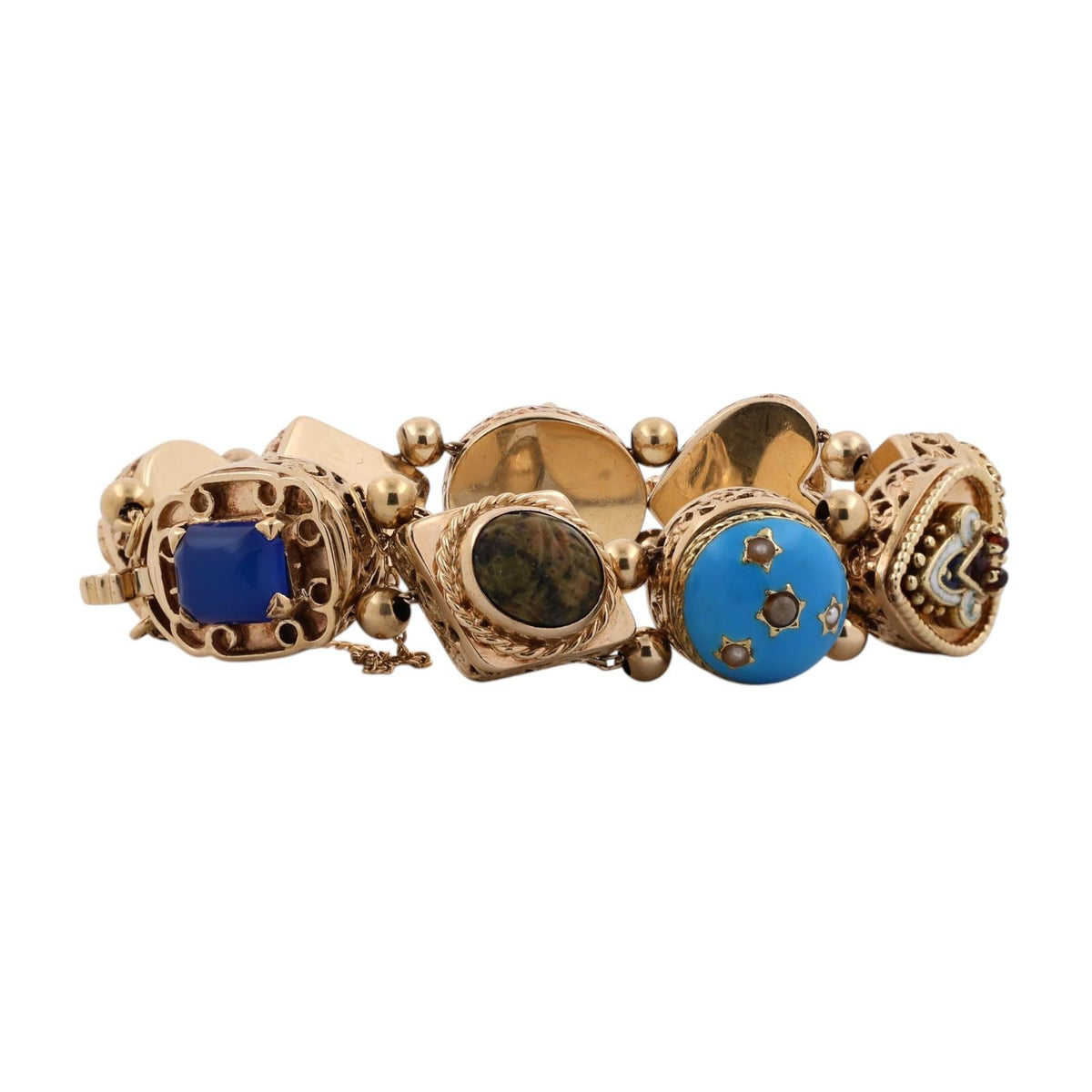Vintage 14K Gold Victorian Revival Multi Gemstone Slide Charm Bracelet 6.75"
