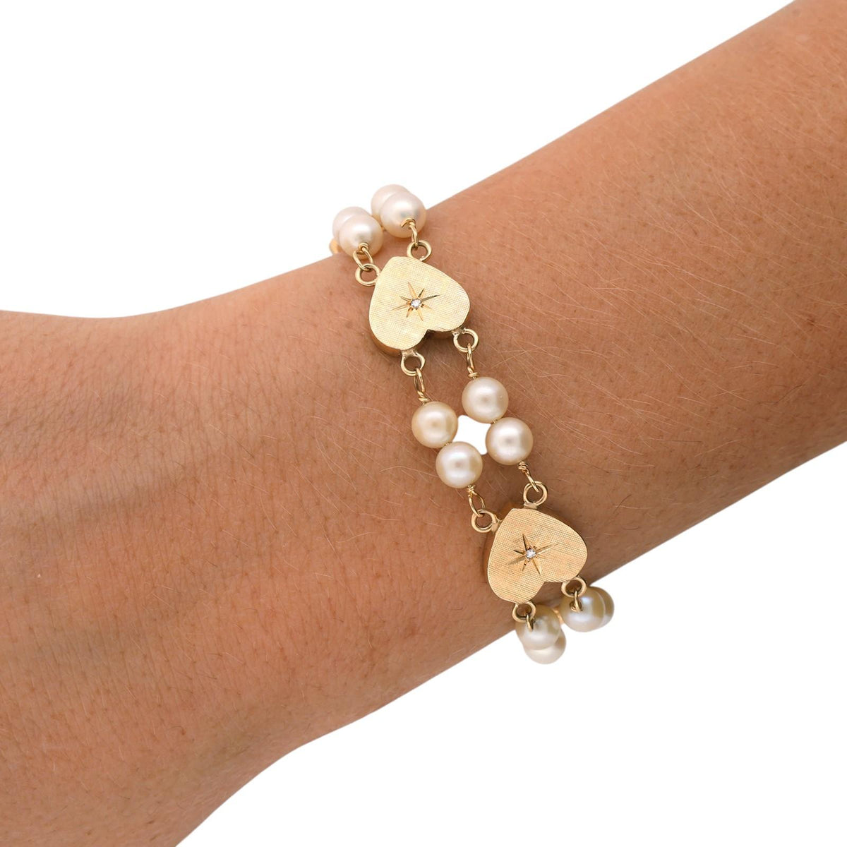 Vintage Yellow Gold Akoya Pearl Diamond Heart Link Bracelet 7" 16.1g Estate