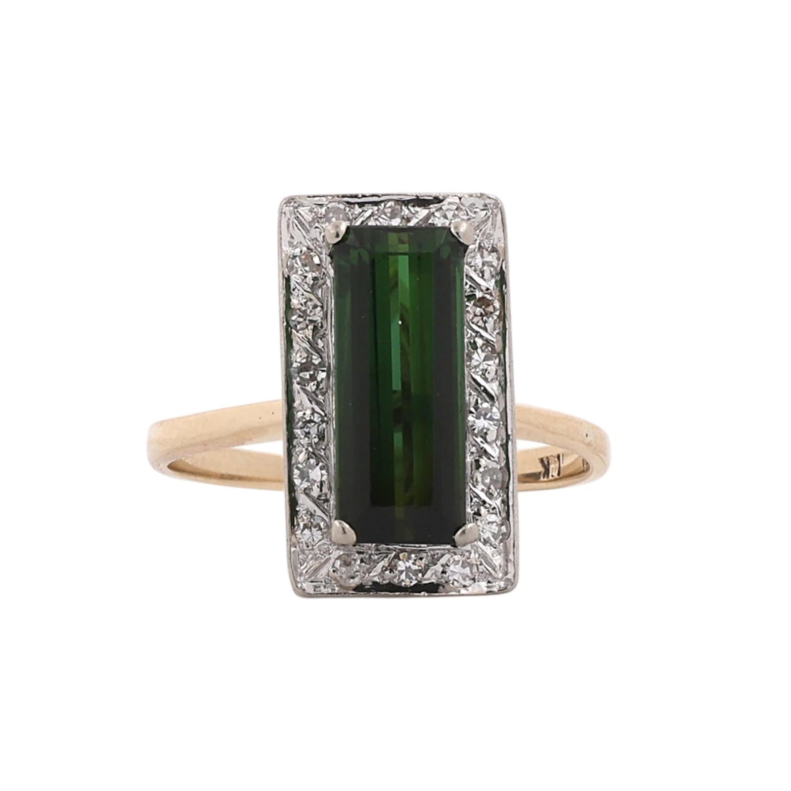 Natural Green Tourmaline Diamond Ring Two Tone Gold 2.30 CTW Size 7.75 Vintage