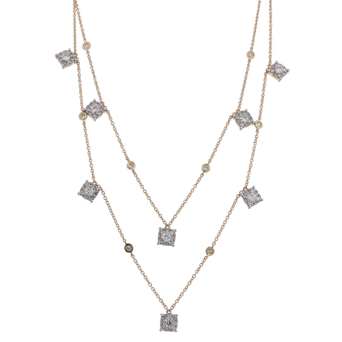 Natural Diamond Layered Station Necklace 14K Two Tone Gold 1.85 CTW 15-20"
