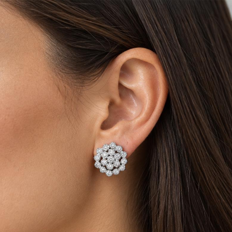 Natural Diamond Floral Cluster Earrings 14K White Gold 1.00 CTW Omega Backs