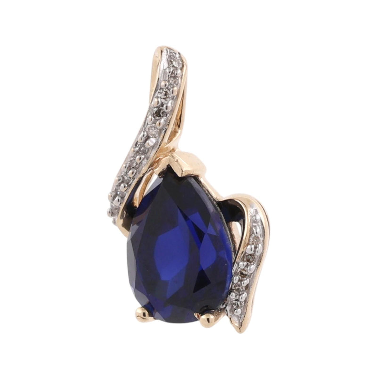 Blue Sapphire Diamond Pendant 14K Two-Tone Gold Lab Created Pear Shape 0.75"