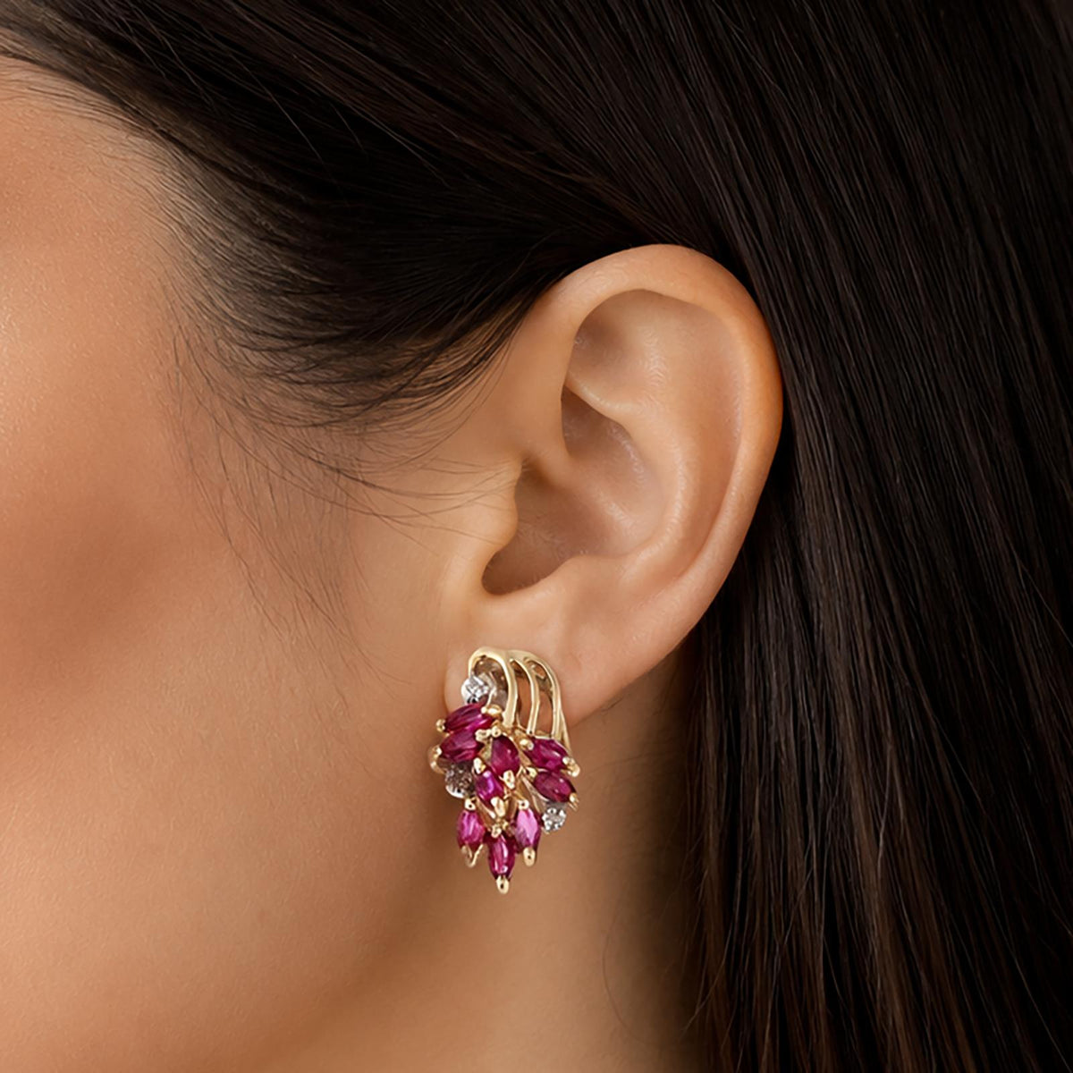 Natural Ruby Diamond Marquise Cluster Earrings 14K Two Tone White Gold Estate