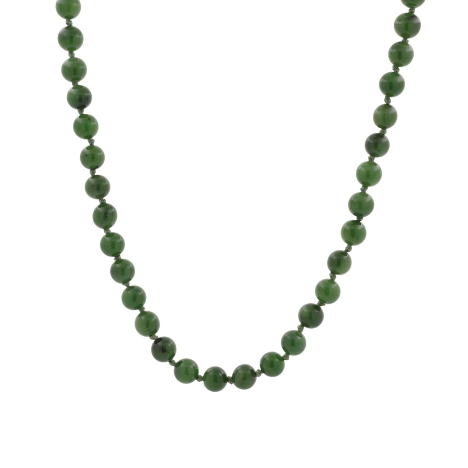 Vintage Nephrite Jade Bead Necklace 14K Yellow Gold Filigree Clasp 20" 53 Beads