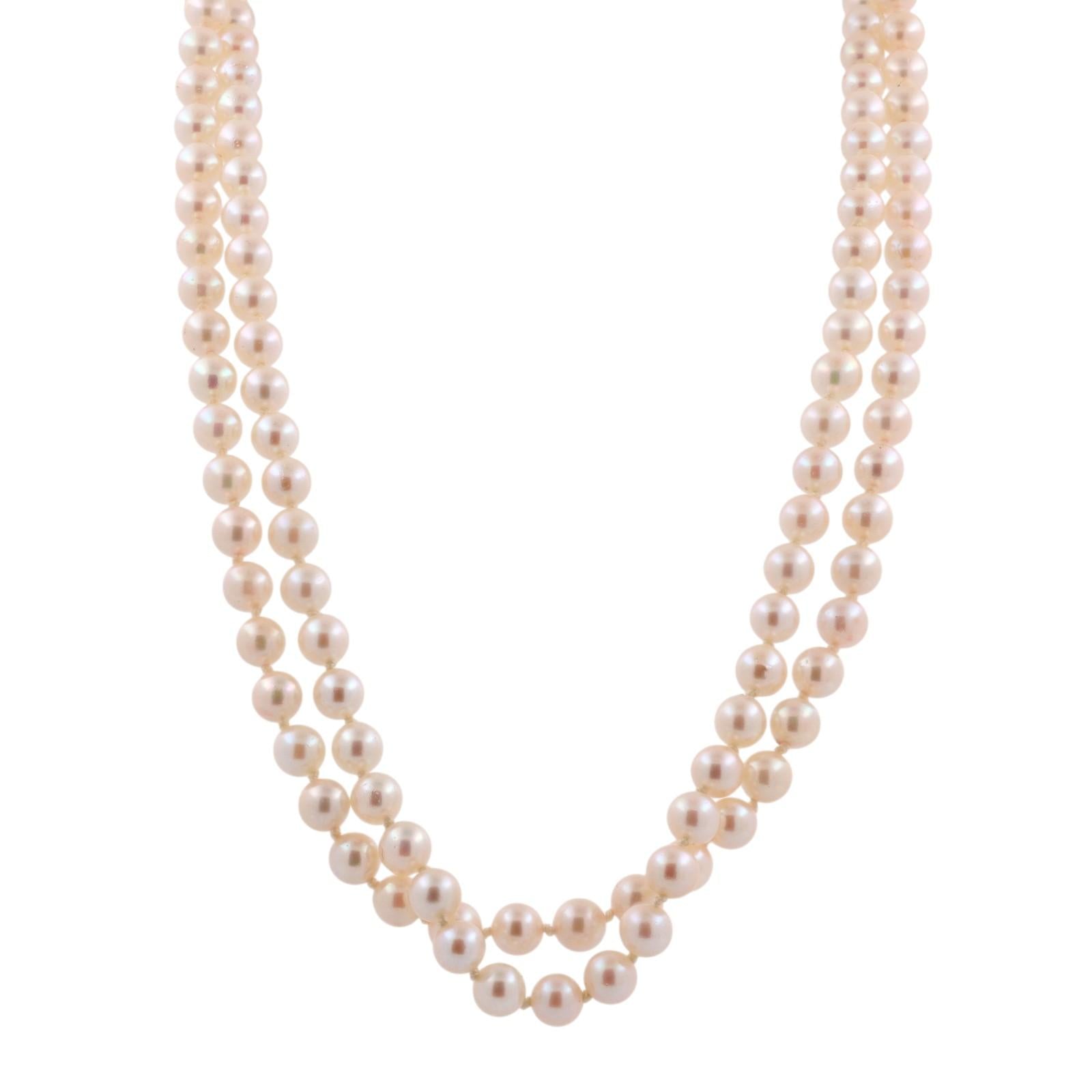 Akoya Cultured Pearl Double Strand Necklace 14K White Gold Filigree Clasp 17.25"