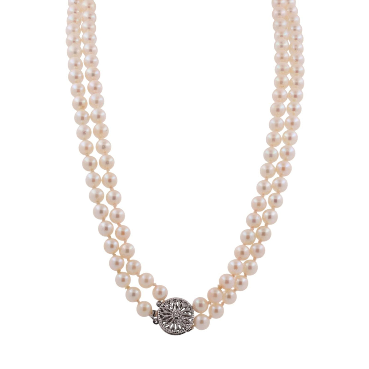 Akoya Cultured Pearl Double Strand Necklace 14K White Gold Filigree Clasp 17.25"