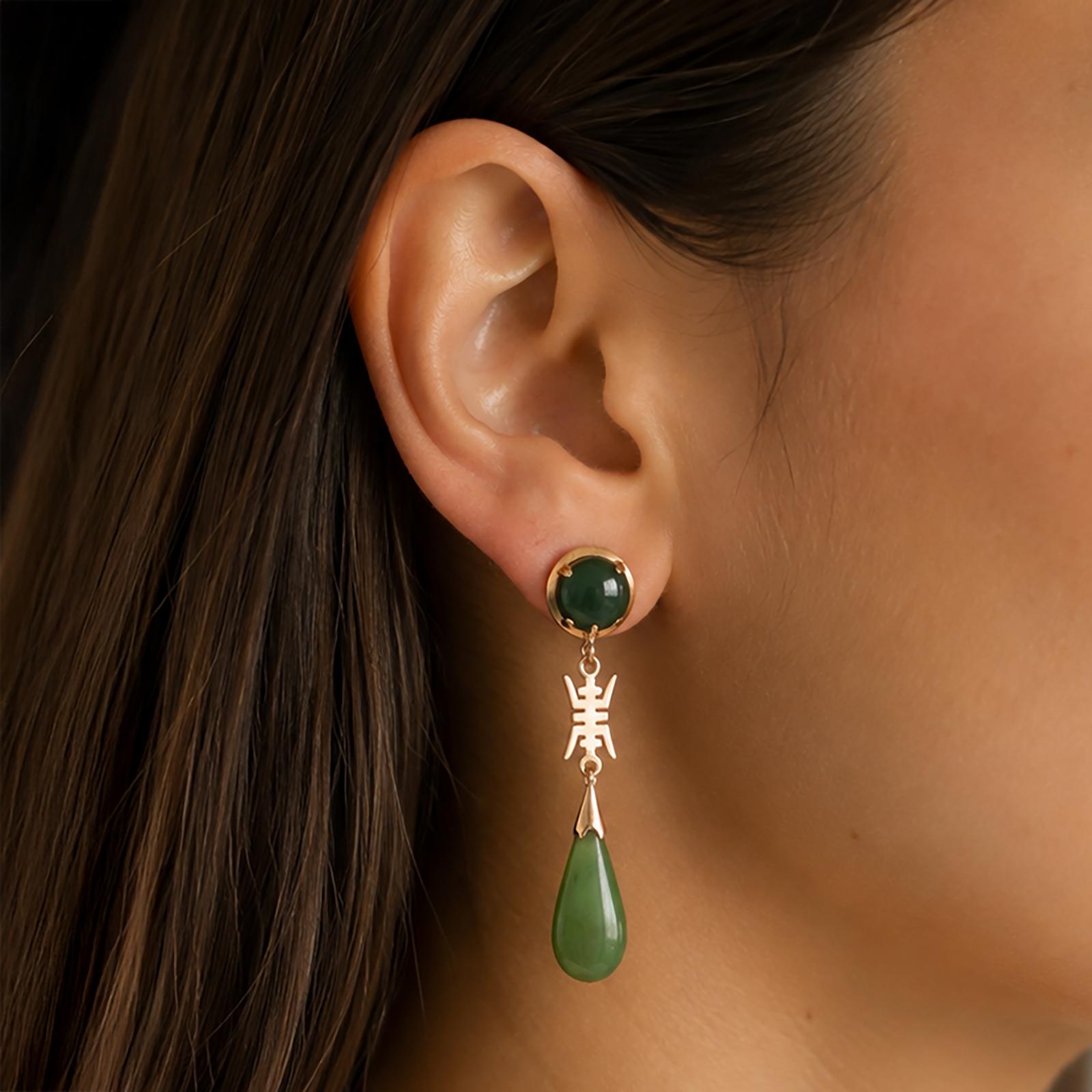 Nephrite Jade Drop Dangle Earrings 10K Yellow Gold Asian Motif Vintage