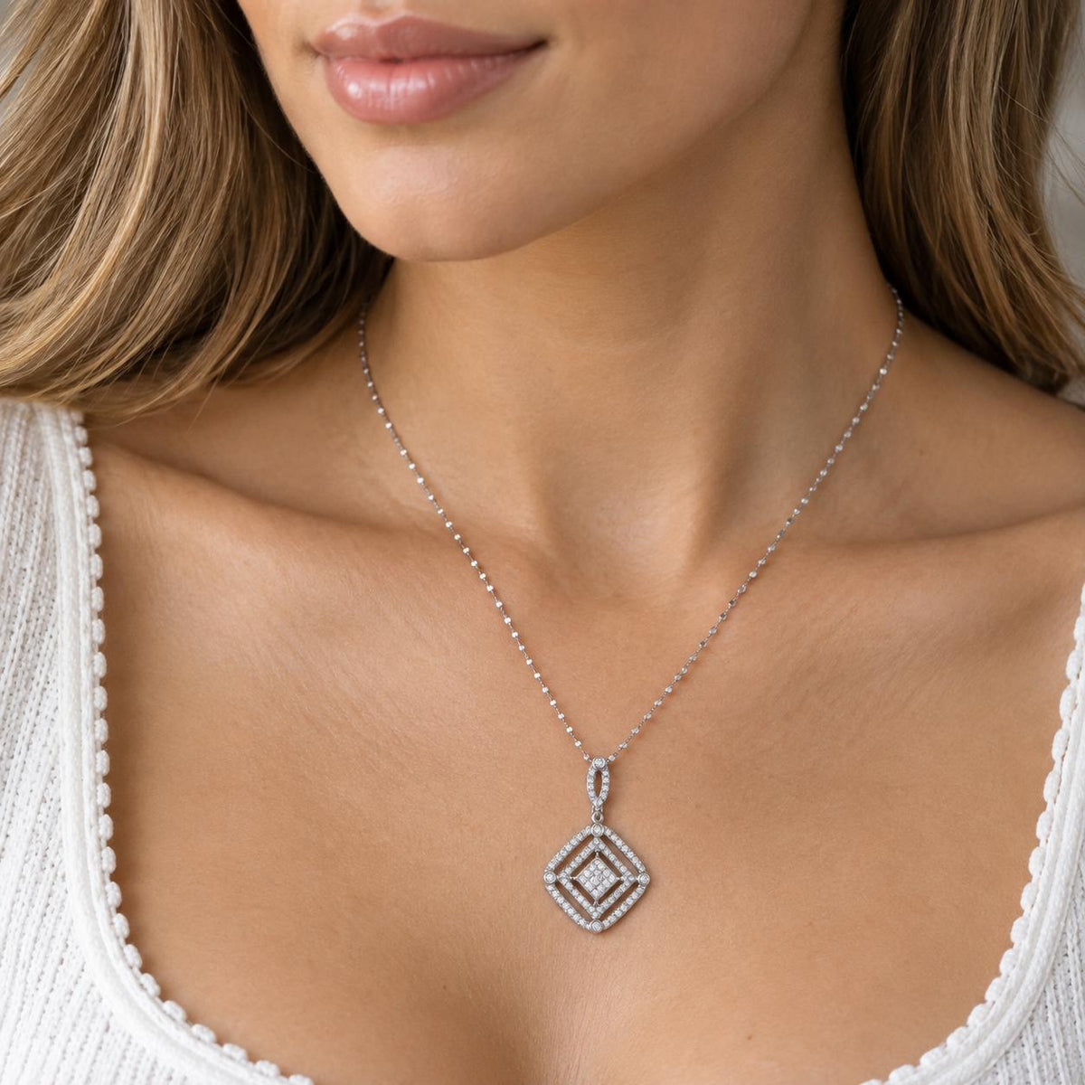 Natural Diamond Square Halo Pendant Necklace 14K White Gold 1.50 CTW 18.75"