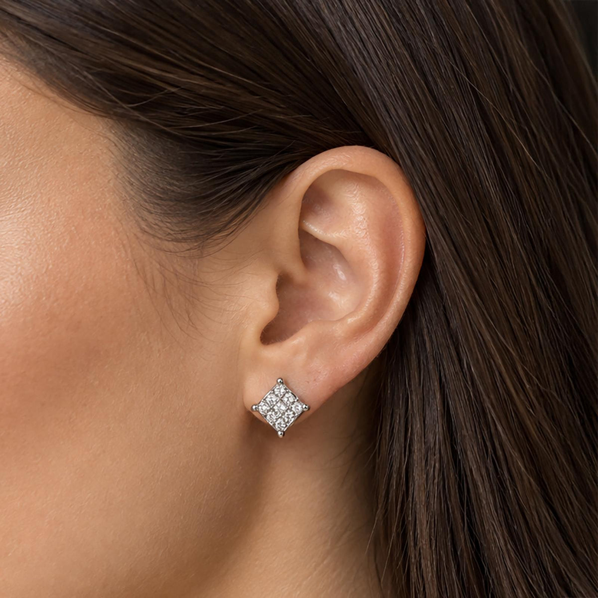 Natural Princess Diamond Cluster Stud Earrings 14K White Gold 0.33 CTW Square