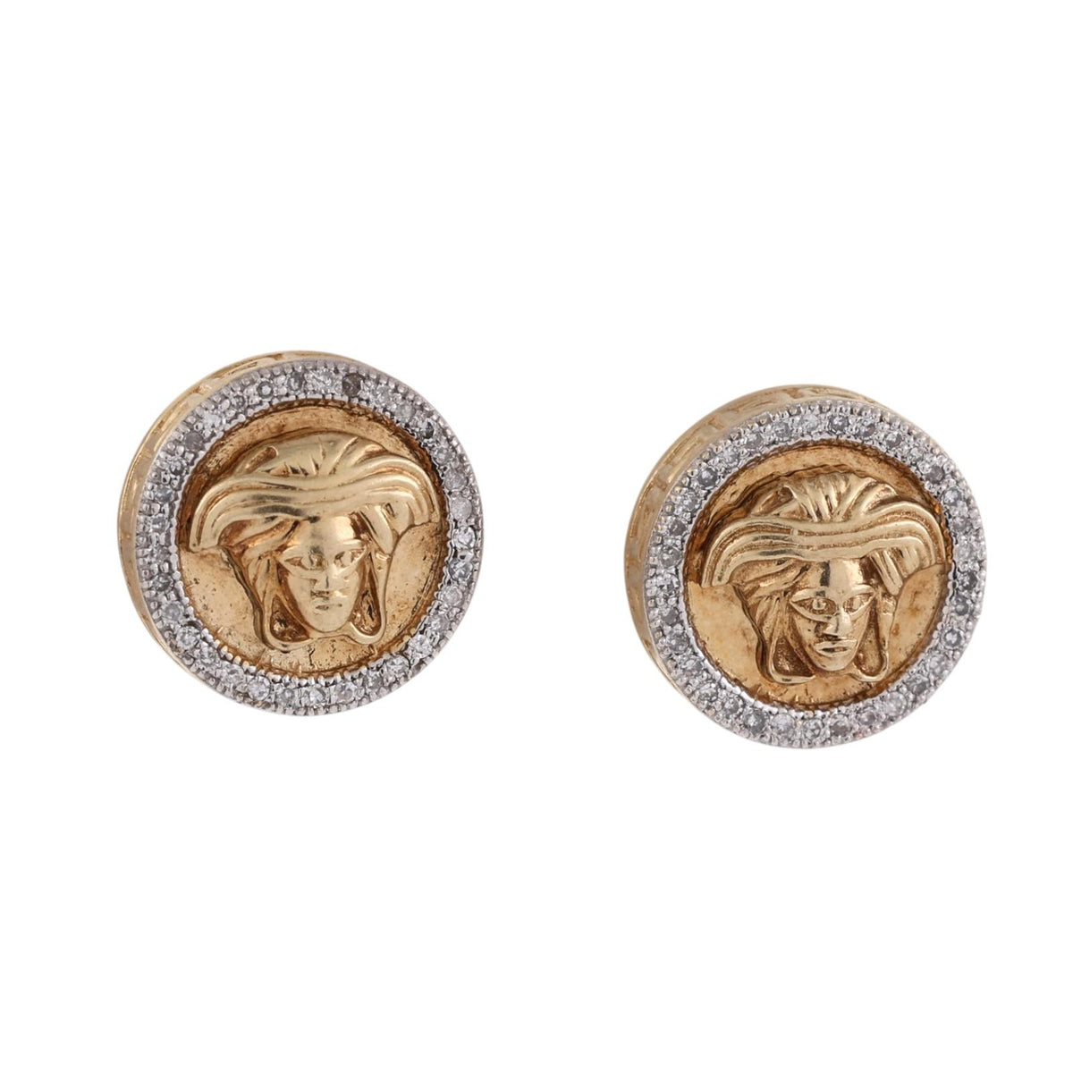 Medusa Head Diamond Stud Earrings 10K Two-Tone Gold 0.20 CTW Greek Key