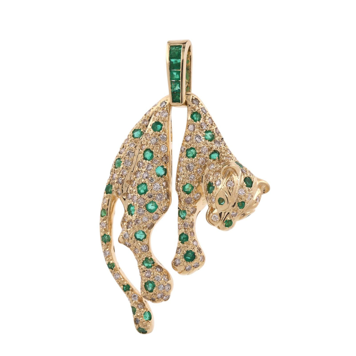 18K Yellow Gold Emerald Diamond Panther Pendant 2.37 CTW 17.5g Estate