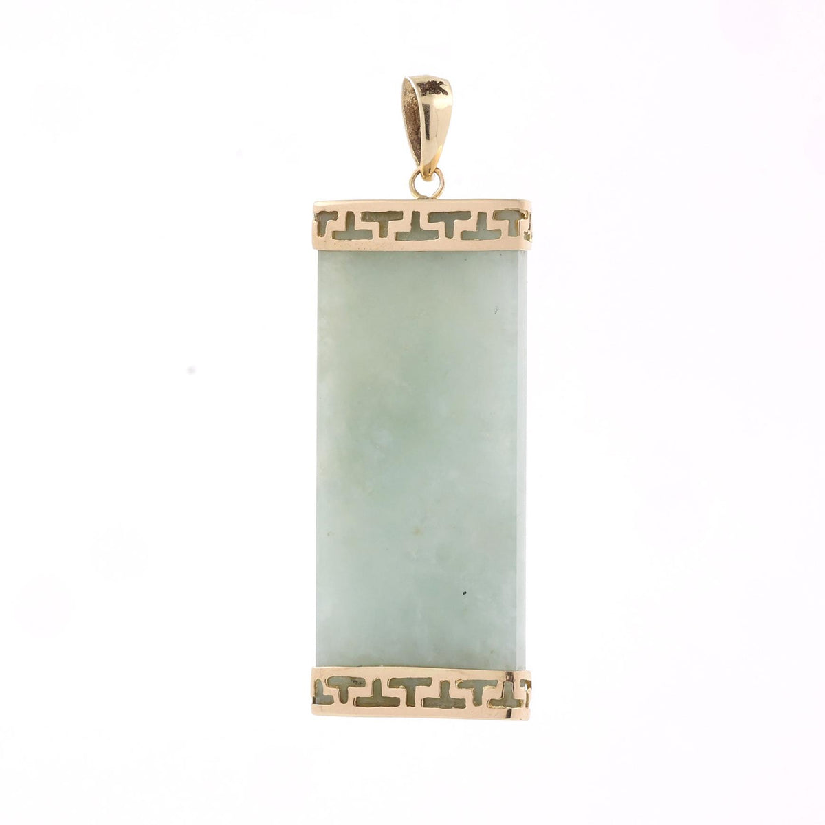 14K Yellow Gold Jadeite Pendant Pale Green Jade Greek Key 1.69" Estate