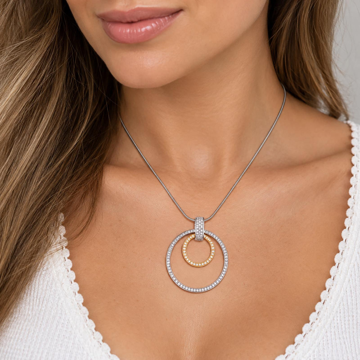 14K Two Tone Gold Natural Diamond Double Circle Pendant Necklace 1.15 CTW 16"