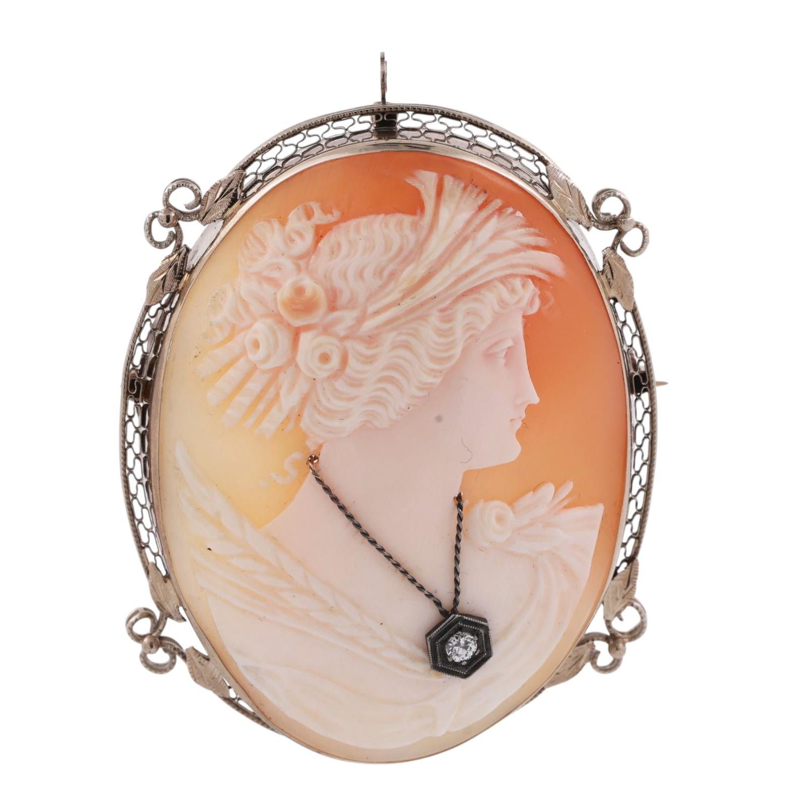 Vintage Cameo Brooch Pin 14K White Gold 0.10 CT Diamond Accent 2.40" Ladies