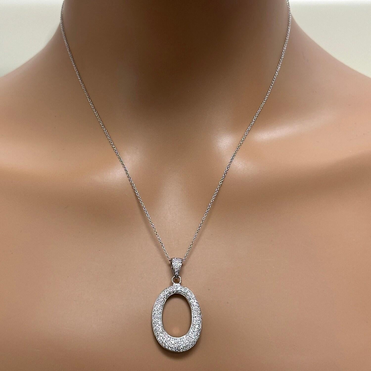 1.50TW Cluster Diamond Oval Pendant 18K White Gold Round Diamonds 1.40" Estate