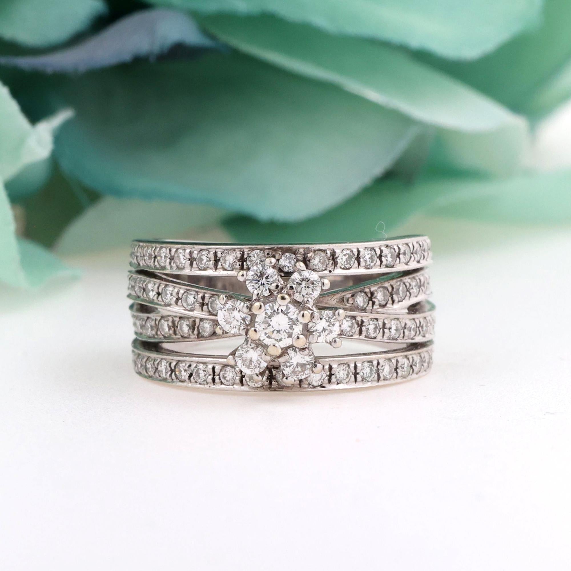 1.65 TW Diamond Flower Crossover Wide Dress Ring 14K White Gold Size 6 Estate