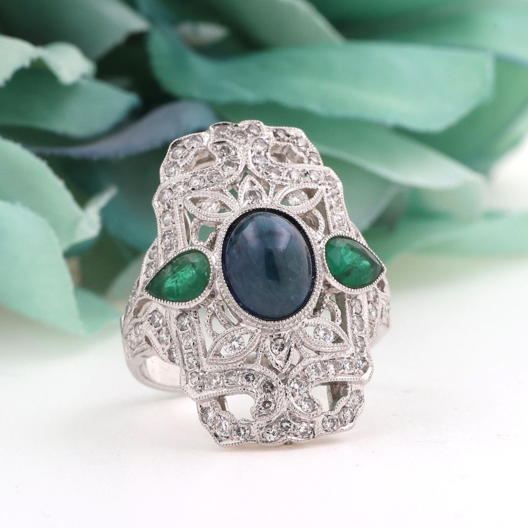 Vintage Cabochon Sapphire Emerald Diamond Statement Ring 18K White Gold SZ 9.25