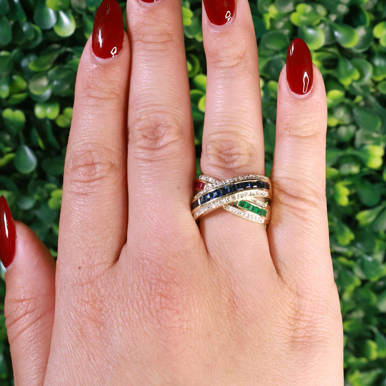 Sapphire Ruby Emerald Diamond Crossover Ring 14K Yellow Gold 1.75 CTW Size 7.75