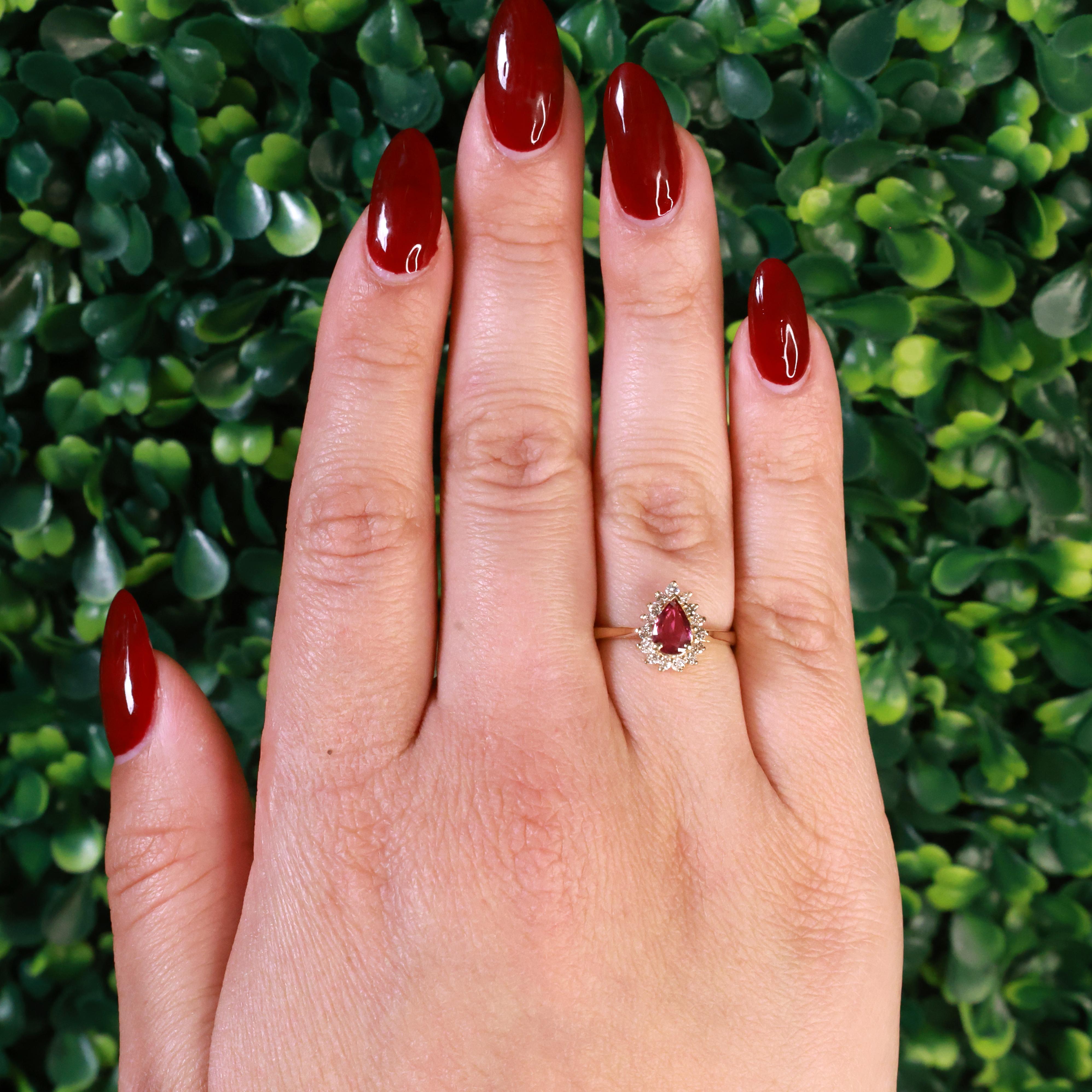 Ruby Diamond Floral Halo Ring 14K Yellow Gold 0.86 CTW Size 6.25 Ladies Estate