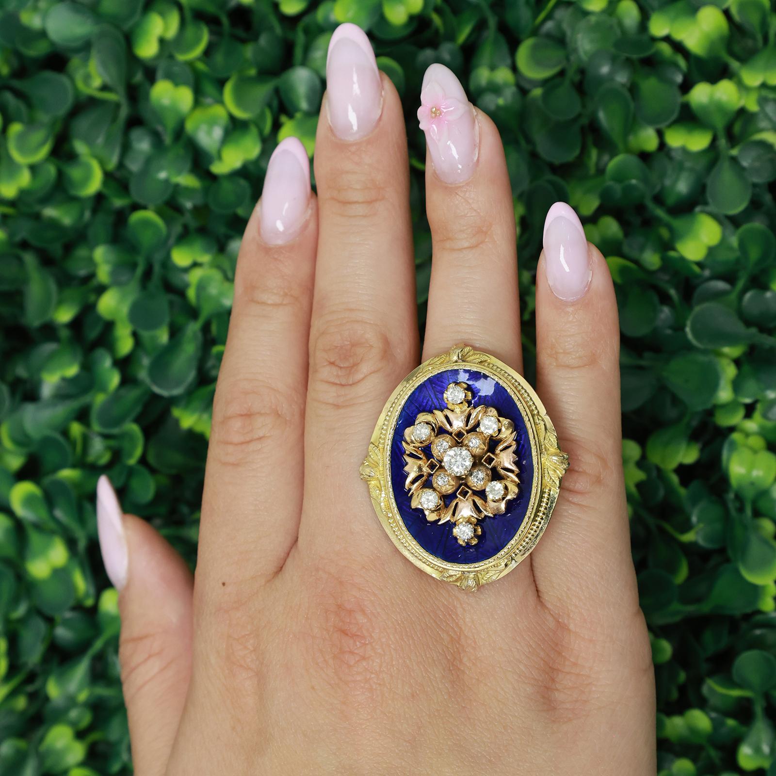 Vintage Diamond Cluster Ring 1.20ct 14K Yellow Gold Blue Enamel Estate Size 7