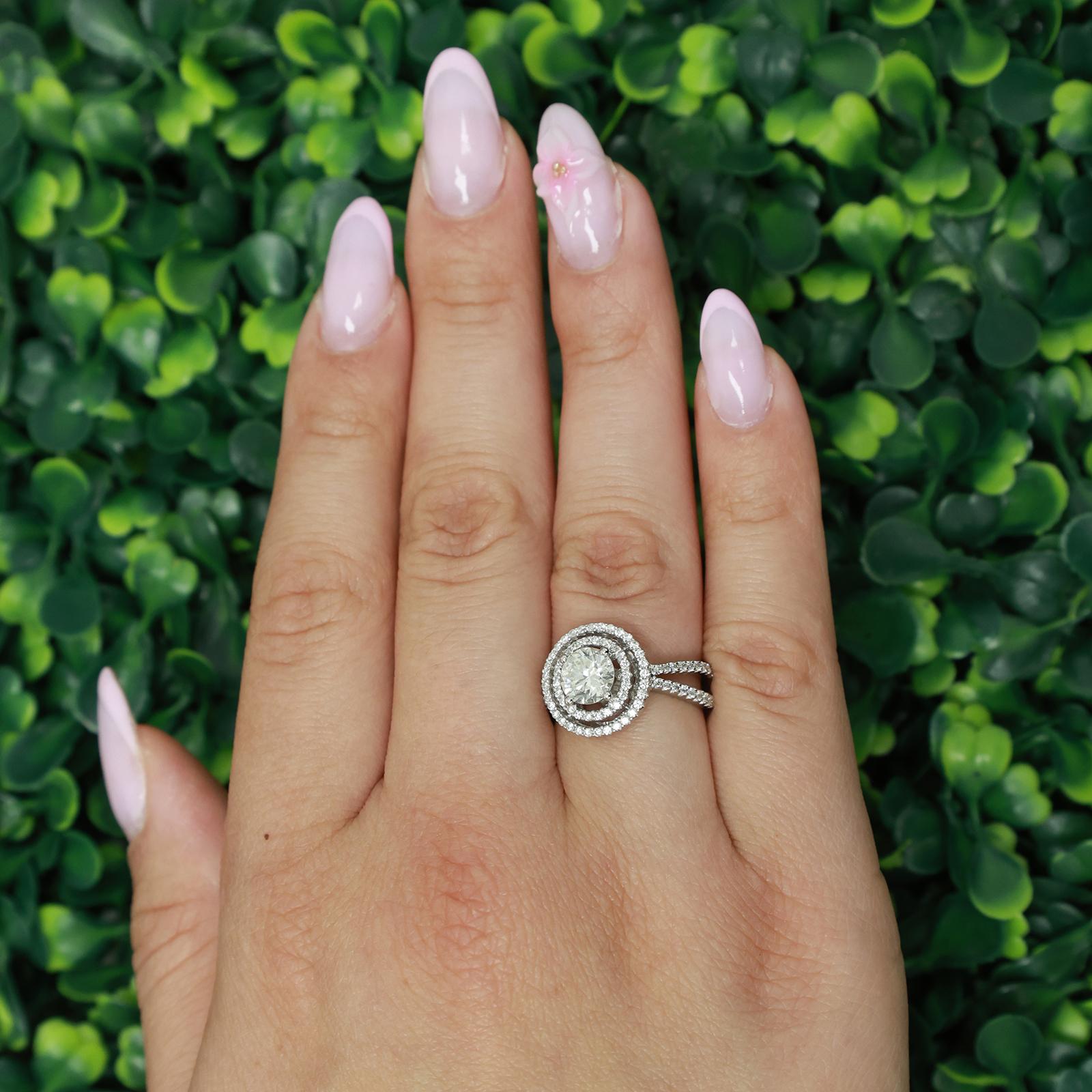 GIA 1.10 CT Round Diamond Halo Engagement Ring 18K White Gold VS1 1.63 CTW