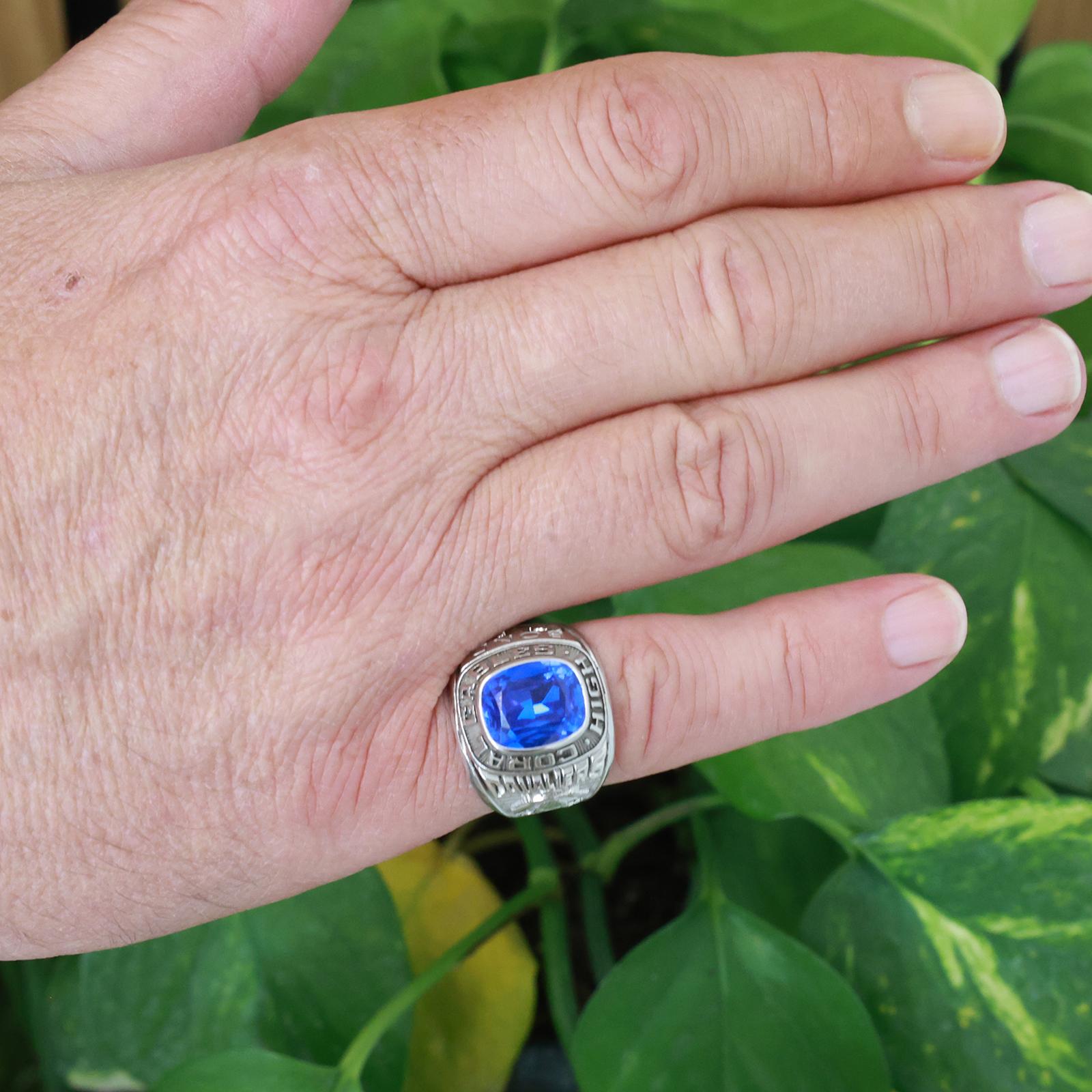 Coral Gables High School Class Ring 10K White Gold Blue Spinel Cavaliers Size 9