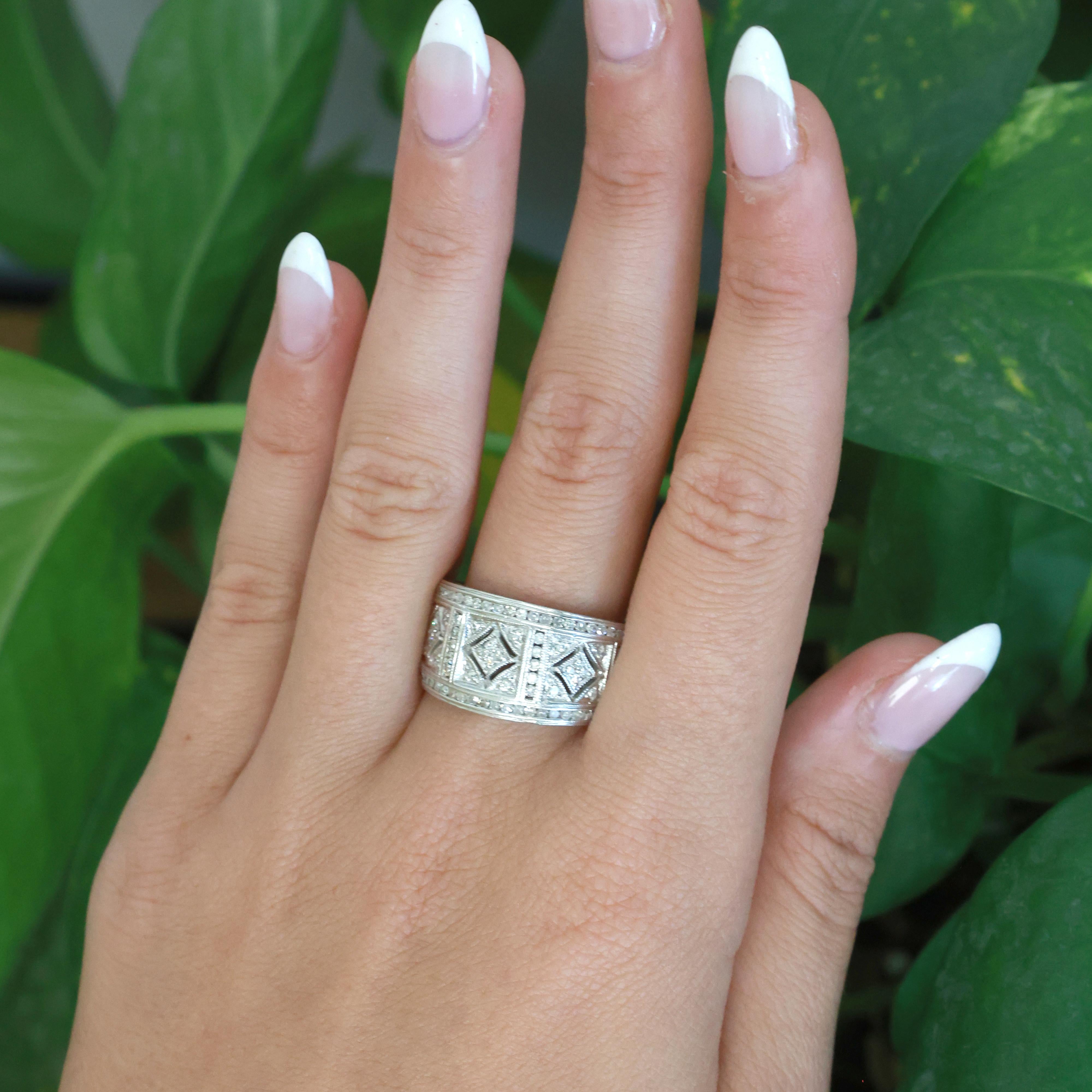 14K White Gold Diamond Filigree Wide Band Ring 0.85 CTW Size 9.5 Ladies Estate