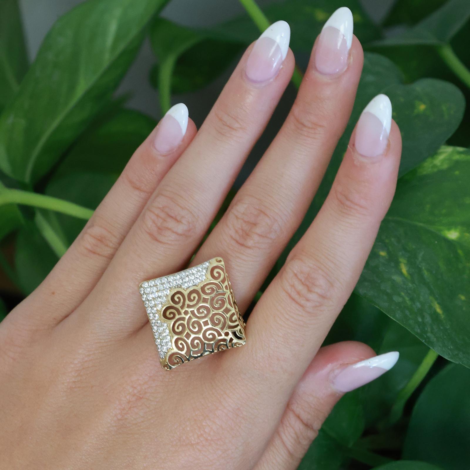 14K Yellow Gold CZ Wide Filigree Ring Size 10.5 Statement Openwork Band
